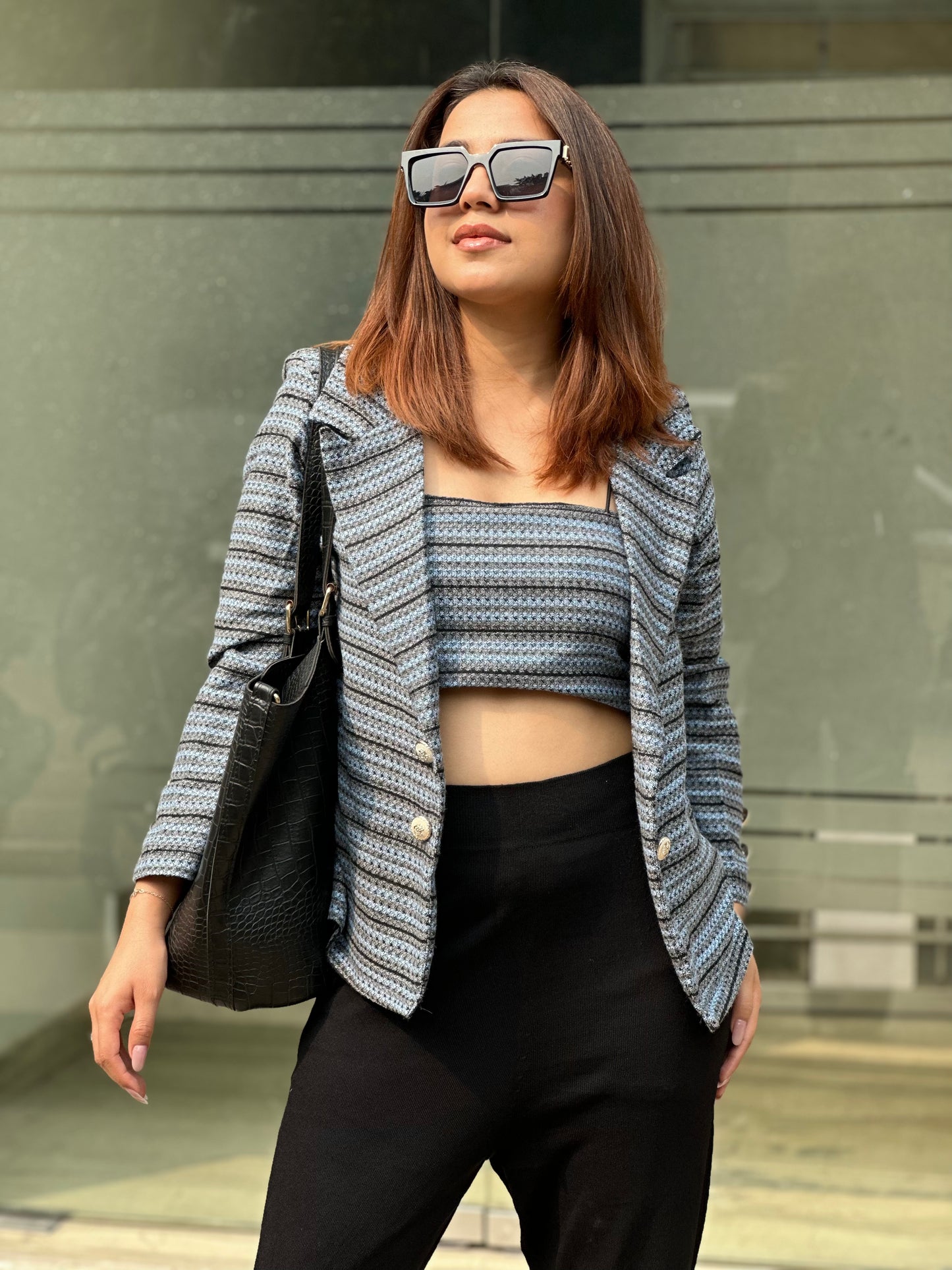 Tweed Open Blazer With Backless Top
