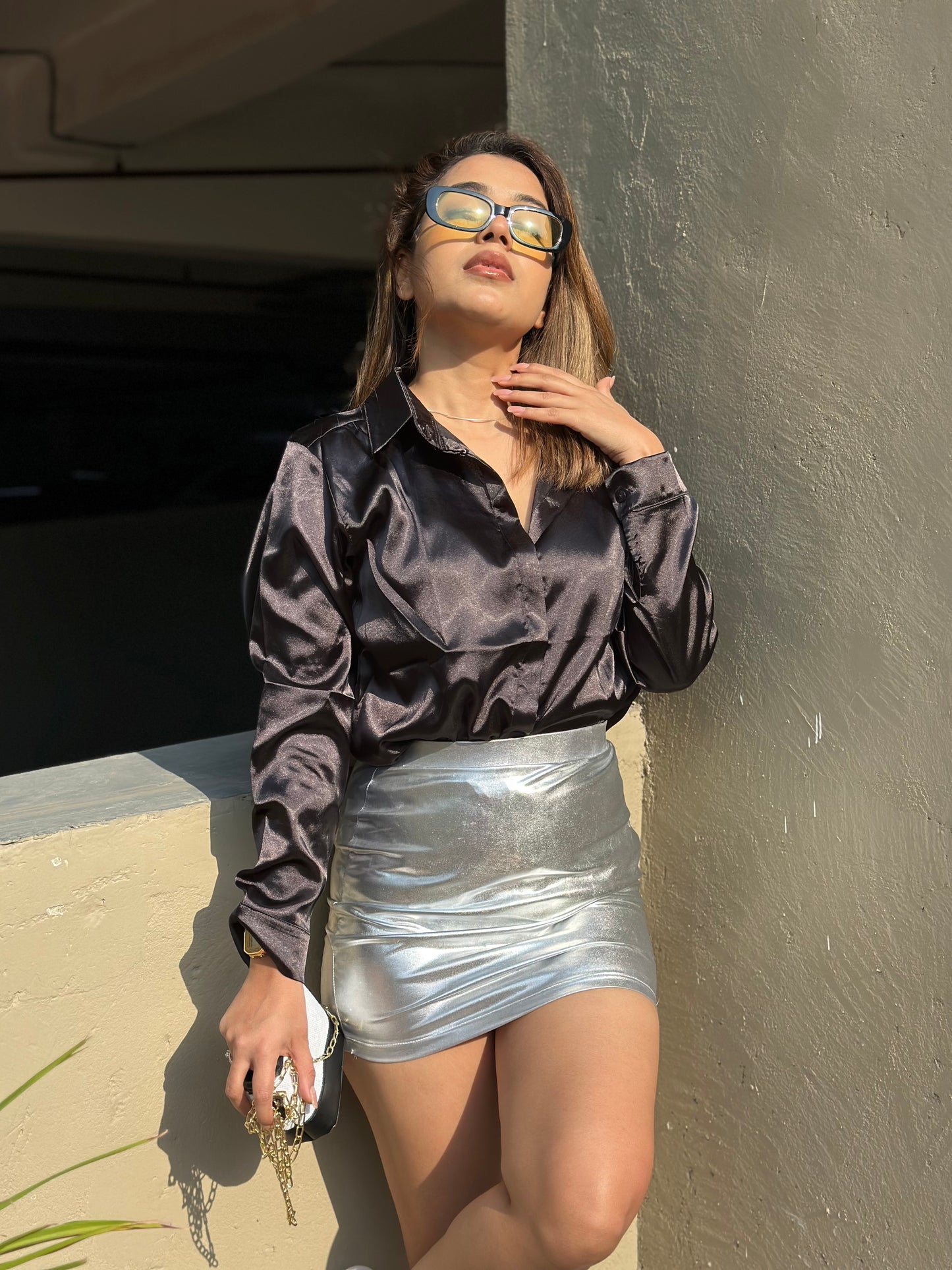 Satin Shirt With Silver Metallic Skirt