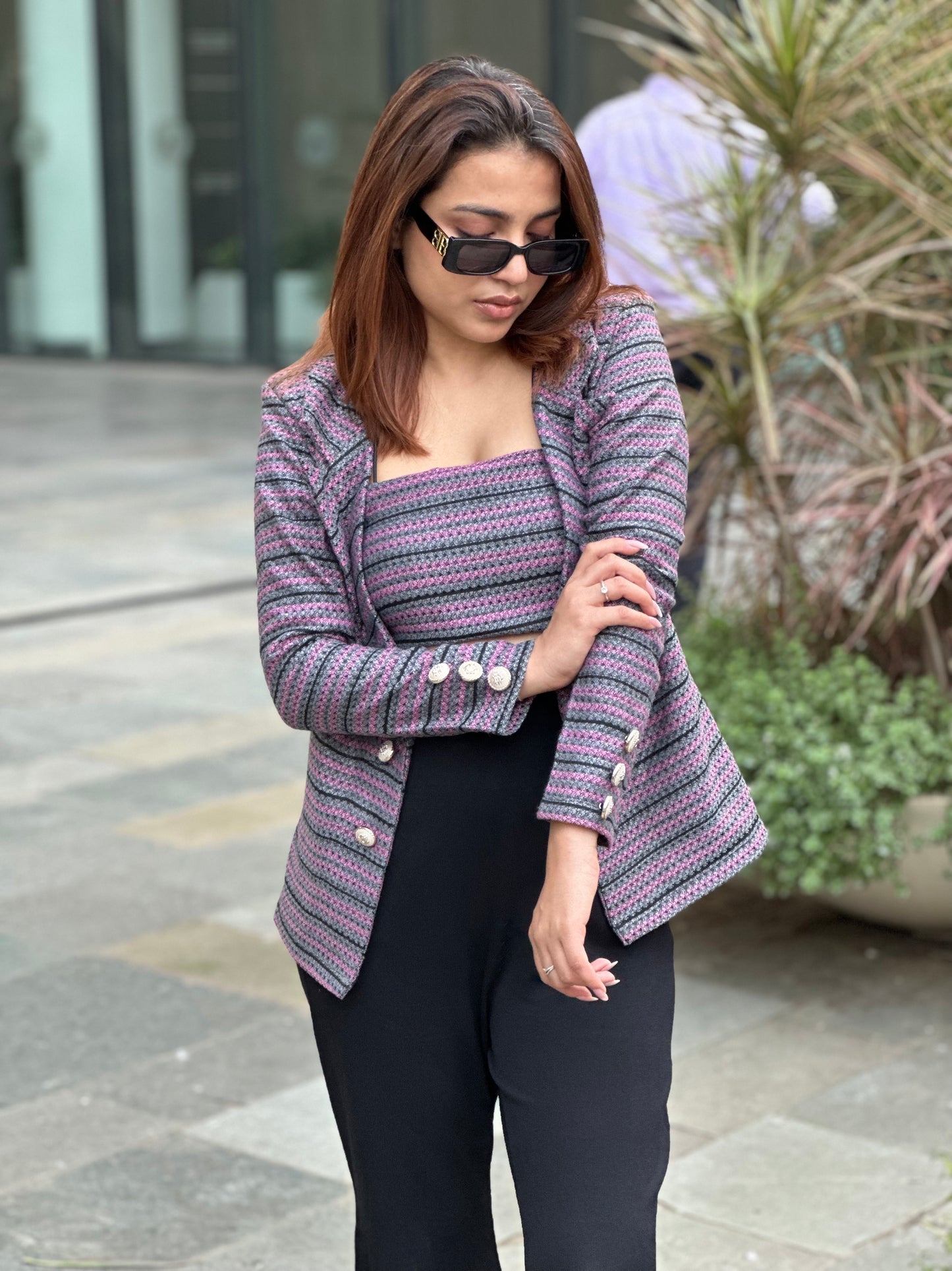 Tweed Open Blazer With Backless Top