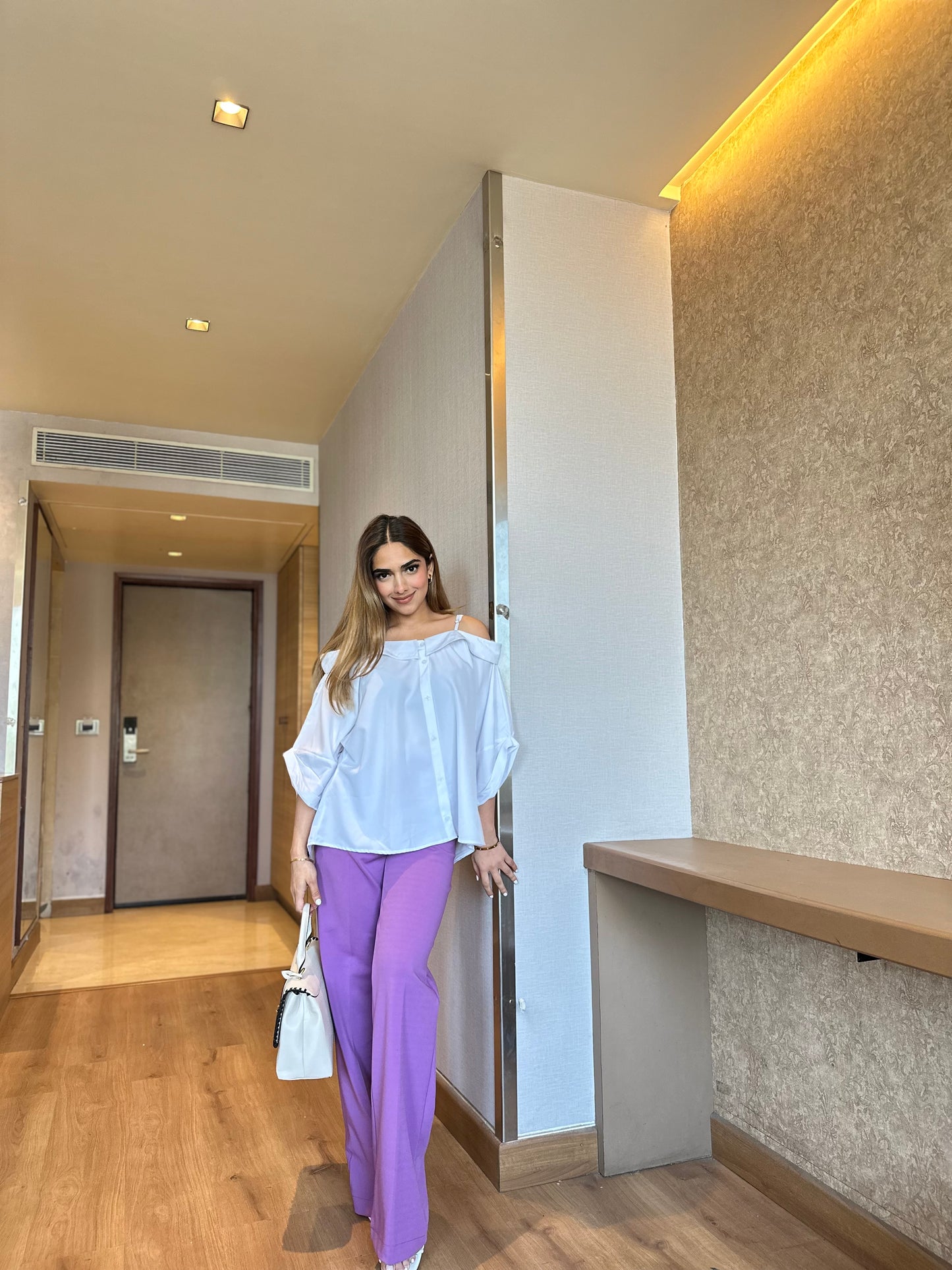 Set Of Off-Shoulder Shirt With Lilac Pants