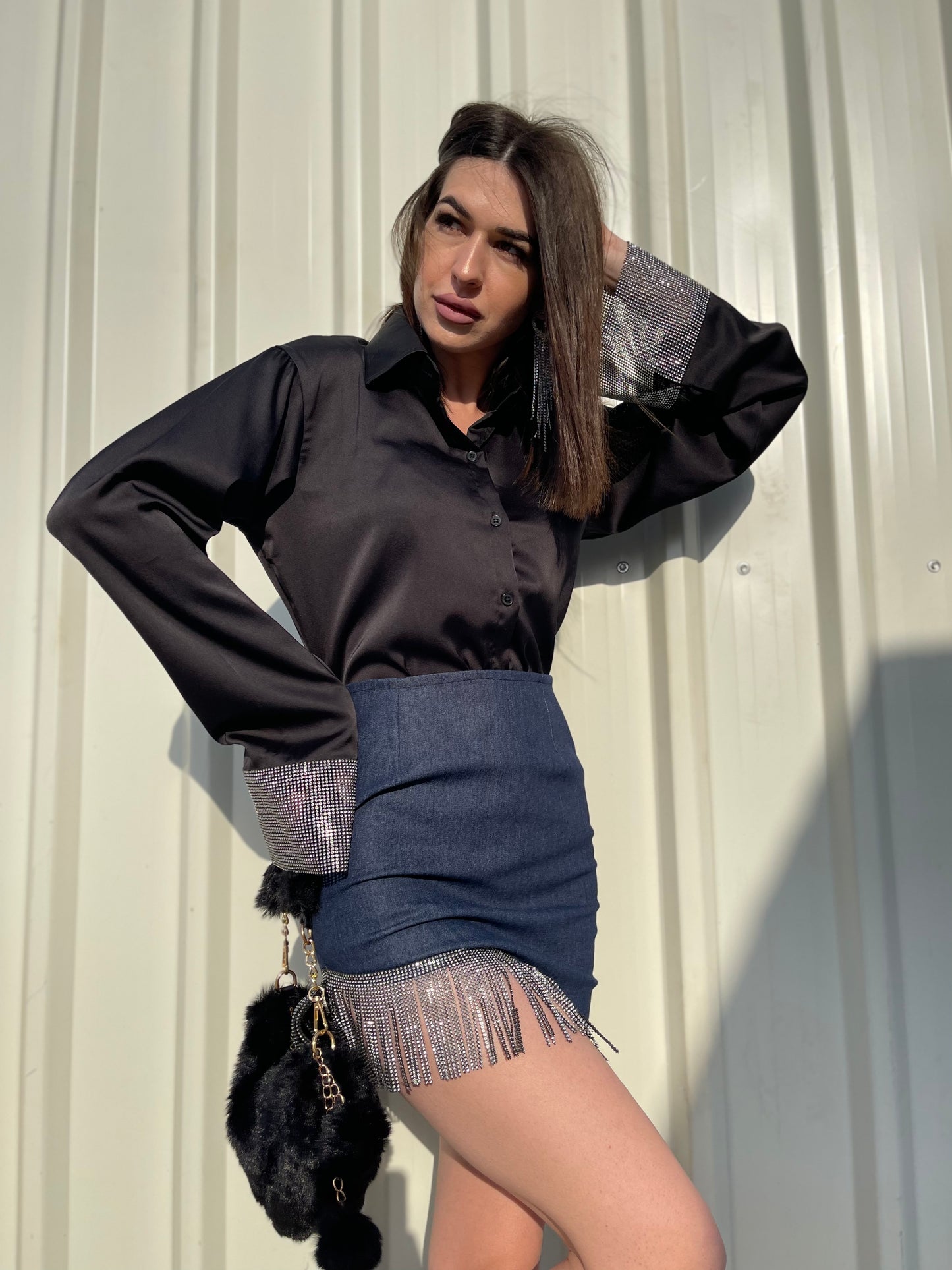 Combo Deal: Satin Black Rhinestone Shirt With Denim Skirt