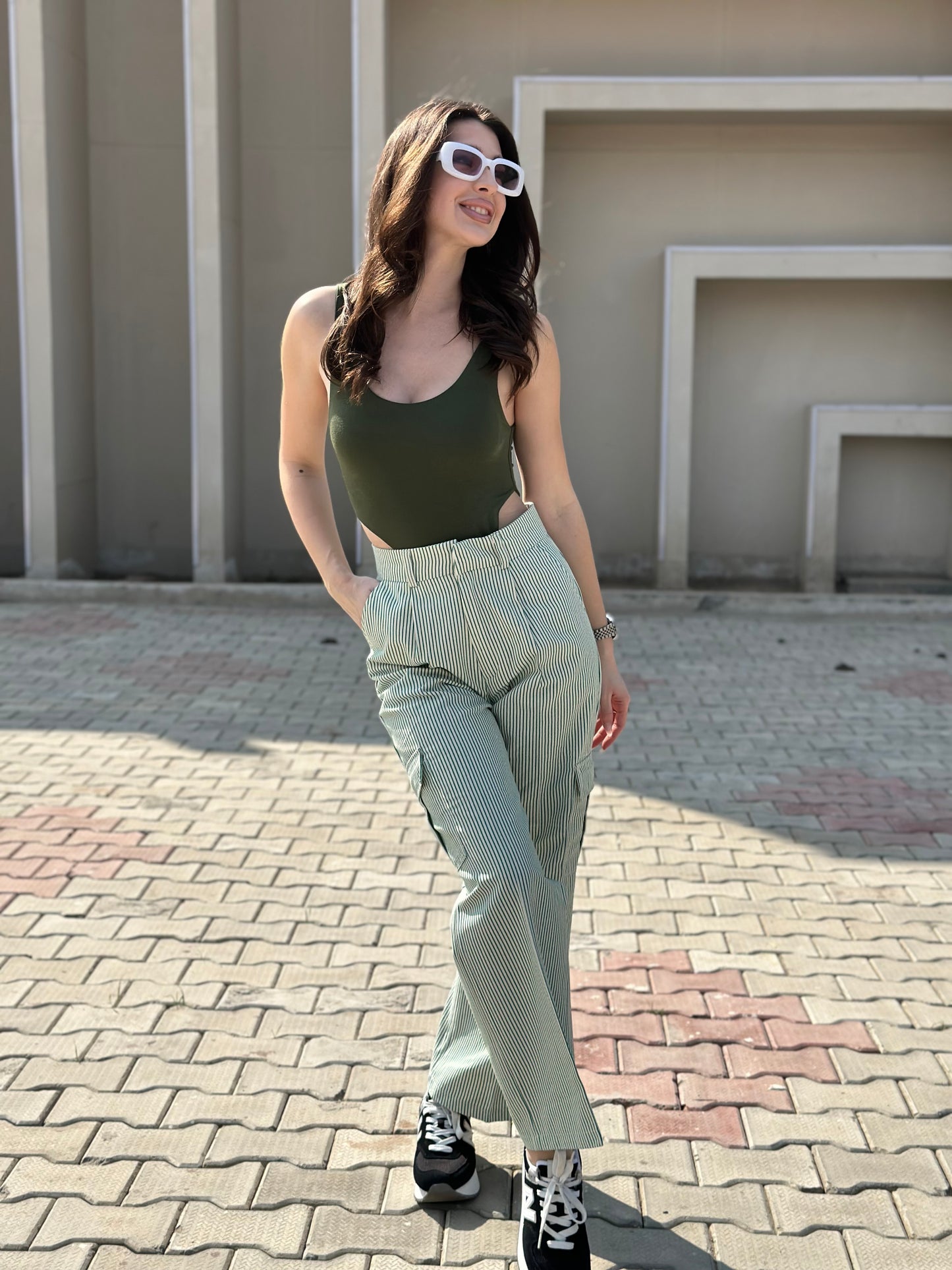 Striped Cargo Pants With Green Bodysuit