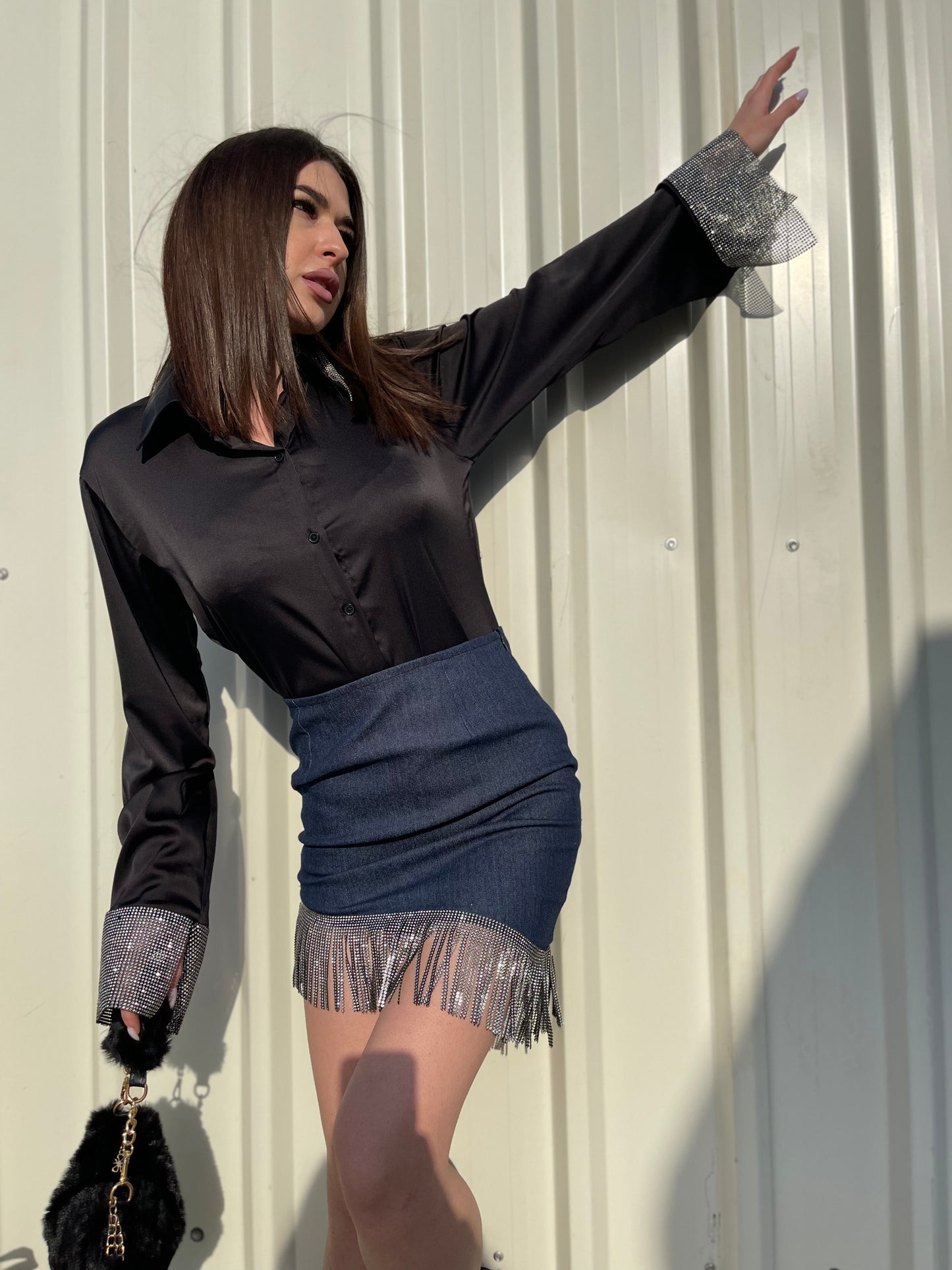 Combo Deal: Satin Black Rhinestone Shirt With Denim Skirt