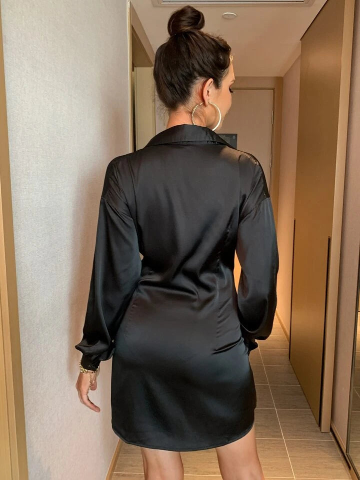 Black Satin Tie Around Shirt Dress