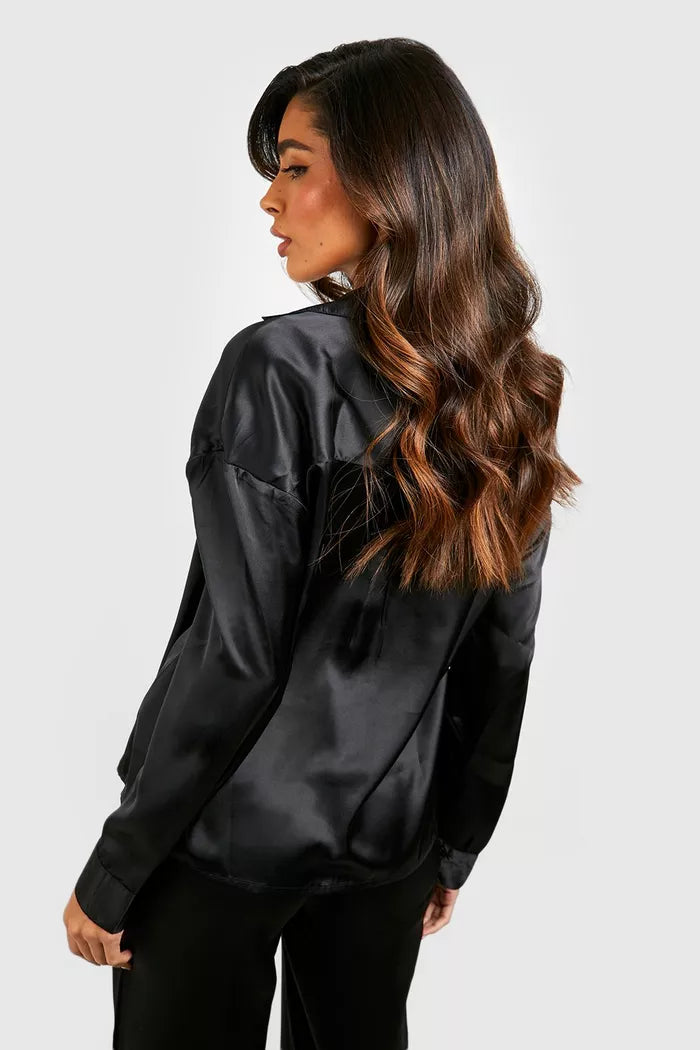 Black Satin Shirt With Black High Waist Pants