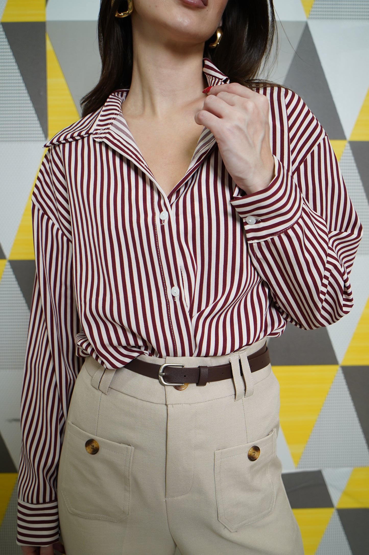 Deep Red Striped Button Down Corporate Shirt
