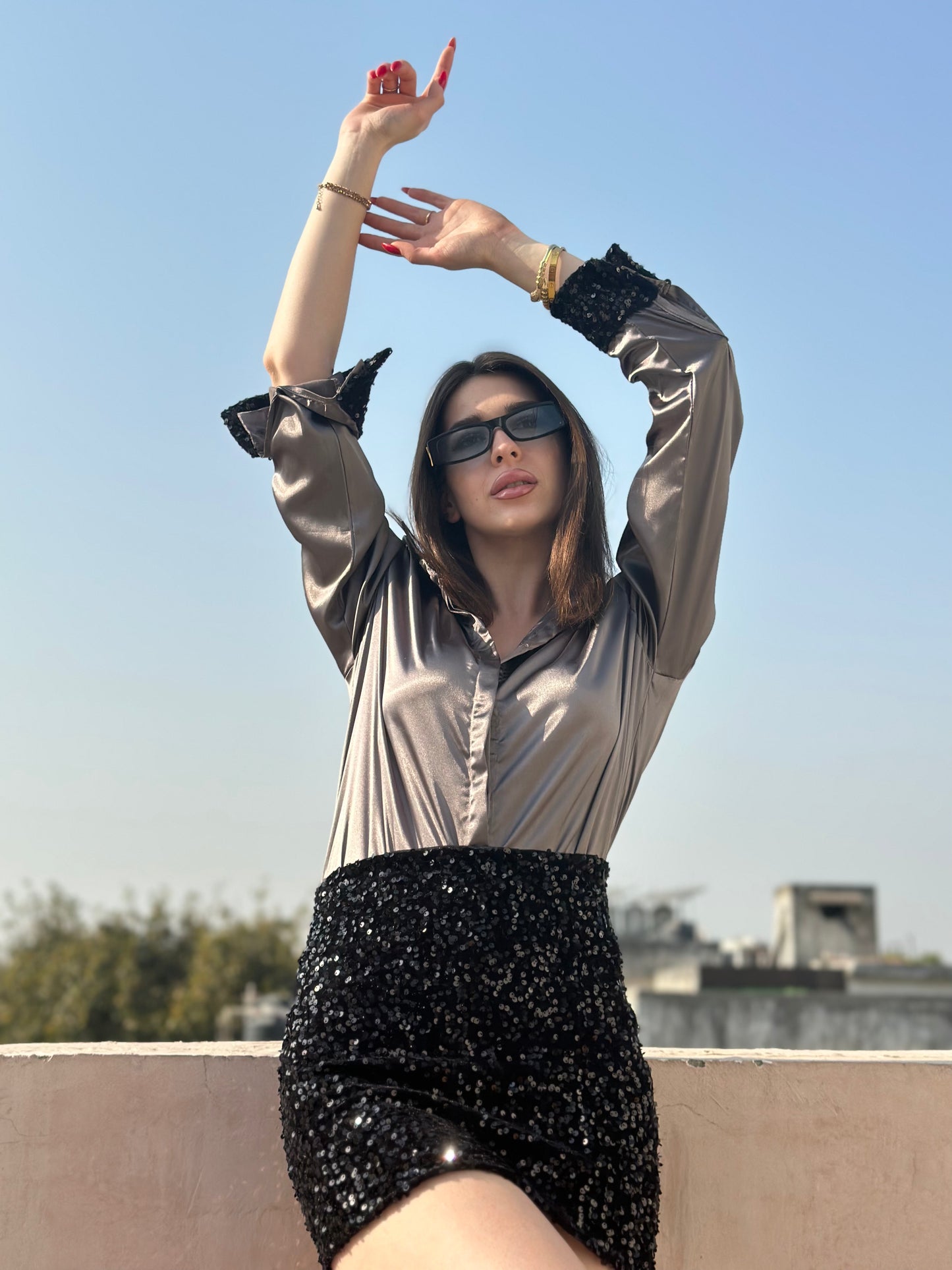 Satin Shirt With Velvet Sequins Skirt