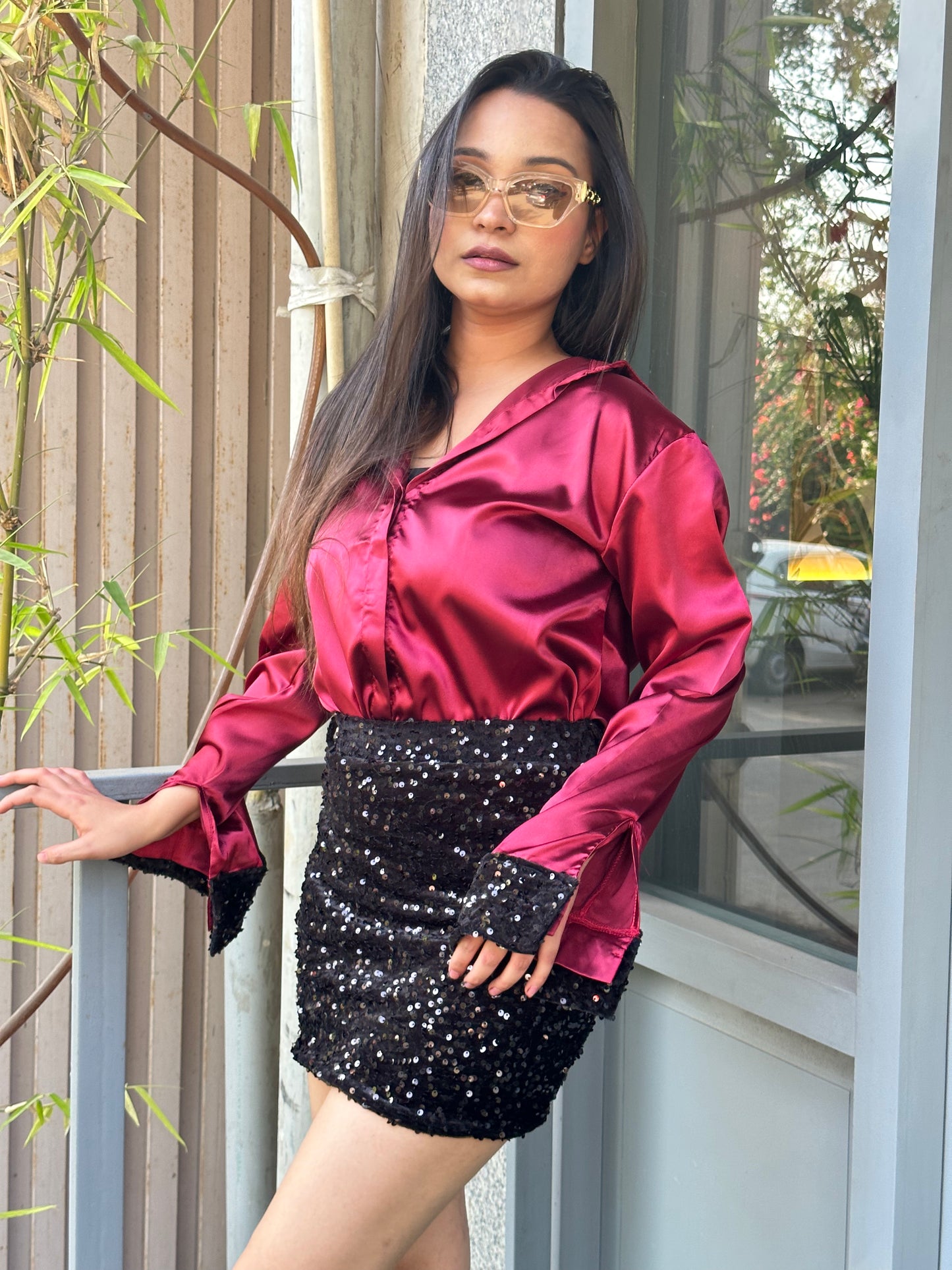 Satin Shirt With Velvet Sequins Skirt