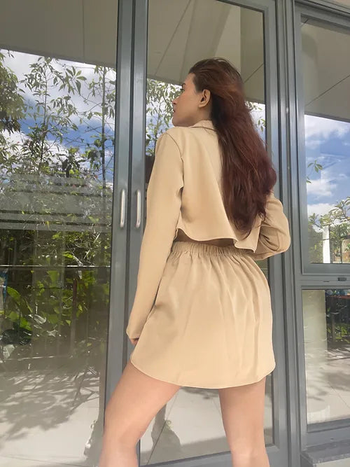 Casual Crop Blazer With Button Down Short Skirt