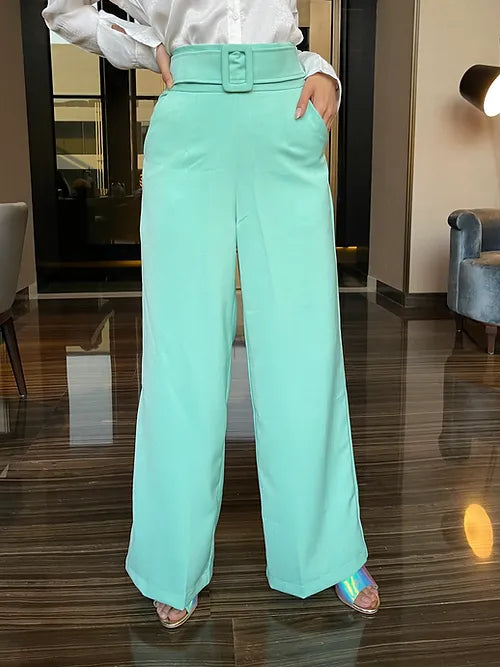 Wide Leg Belt Attached High Waist Pants