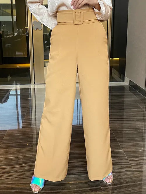 Wide Leg Belt Attached High Waist Pants