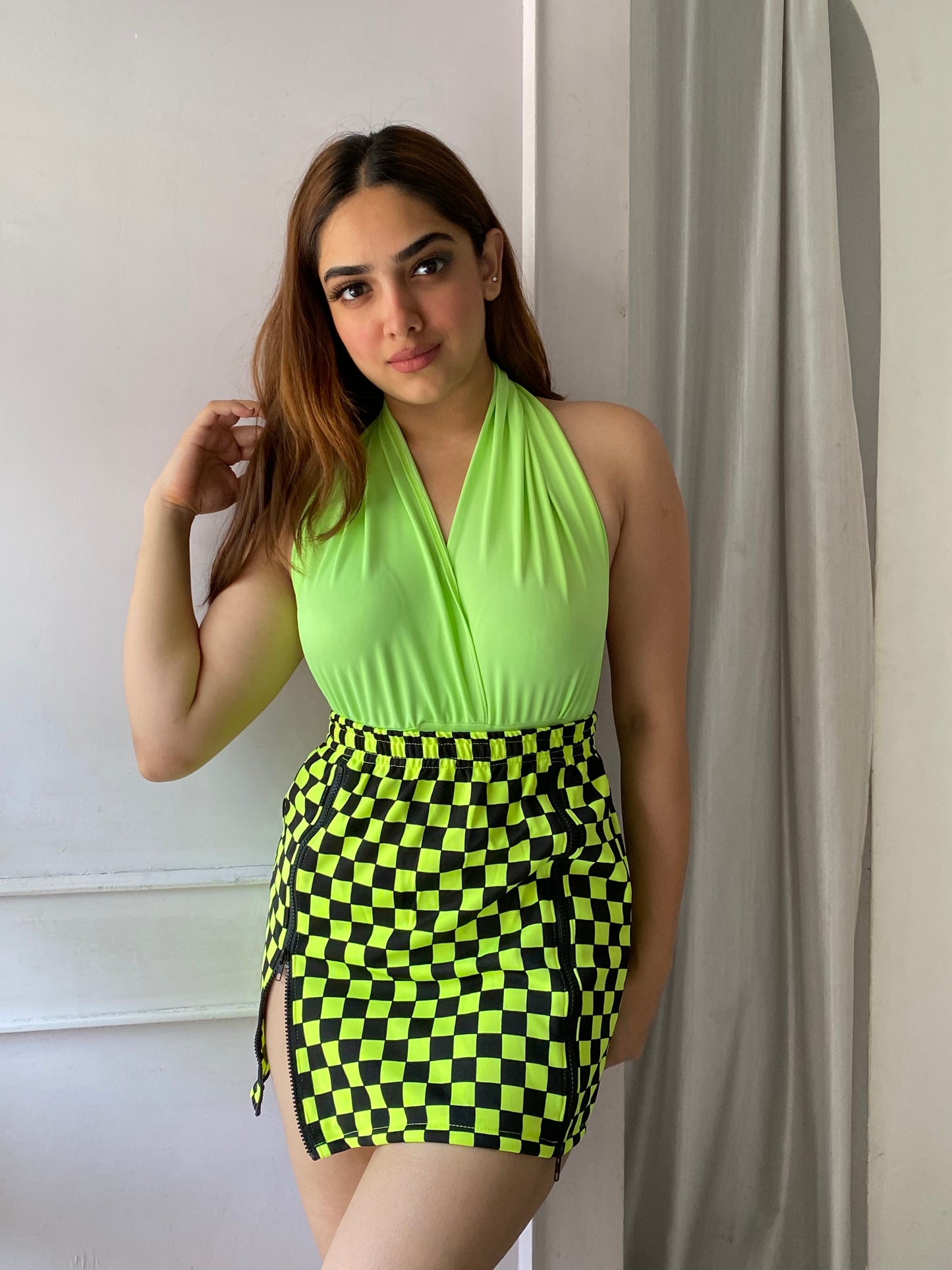 Checked Casual Zipper Mini Skirt