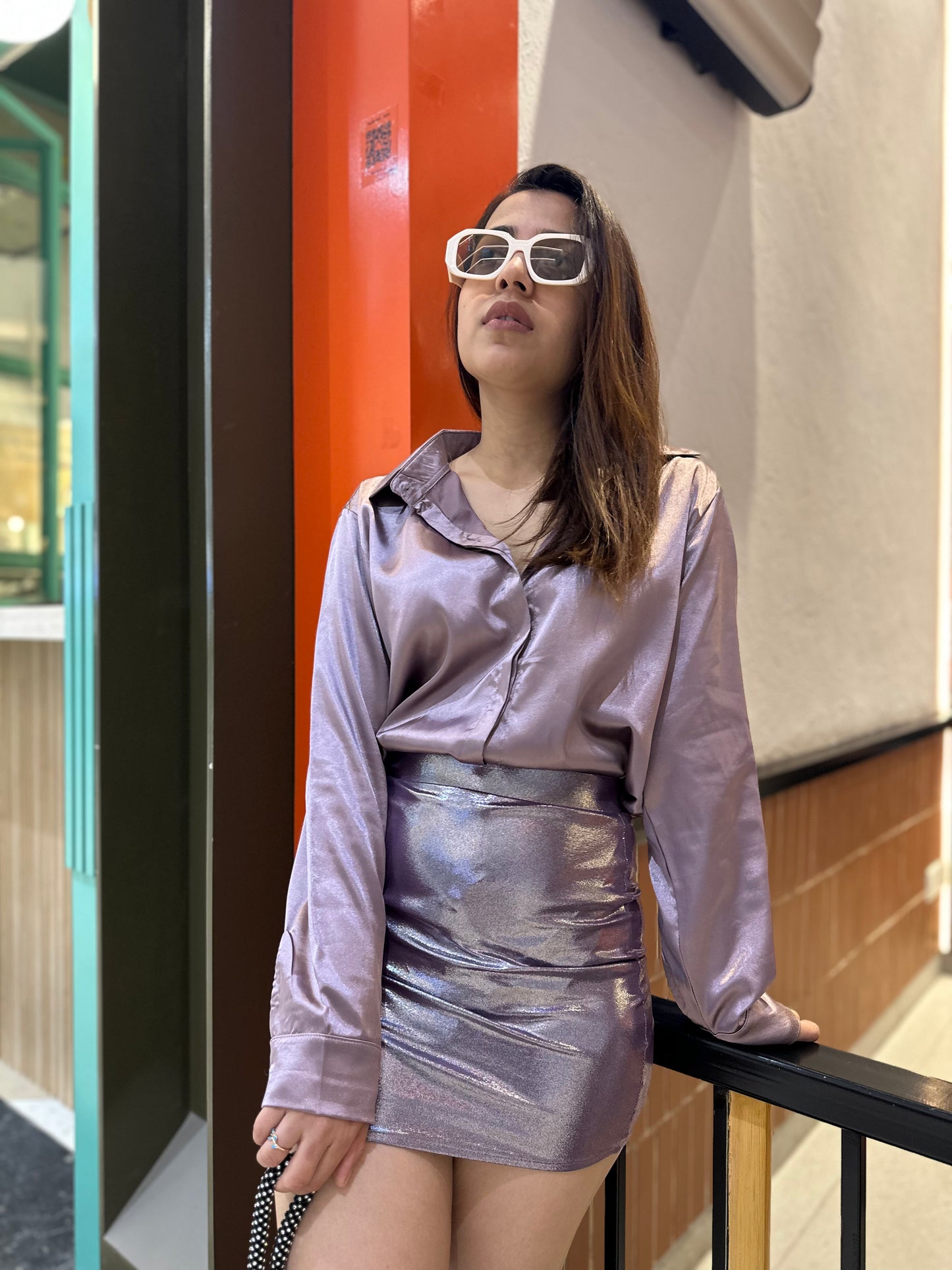 Bling Satin Shirt With Metallic Body Fit Mini Skirt
