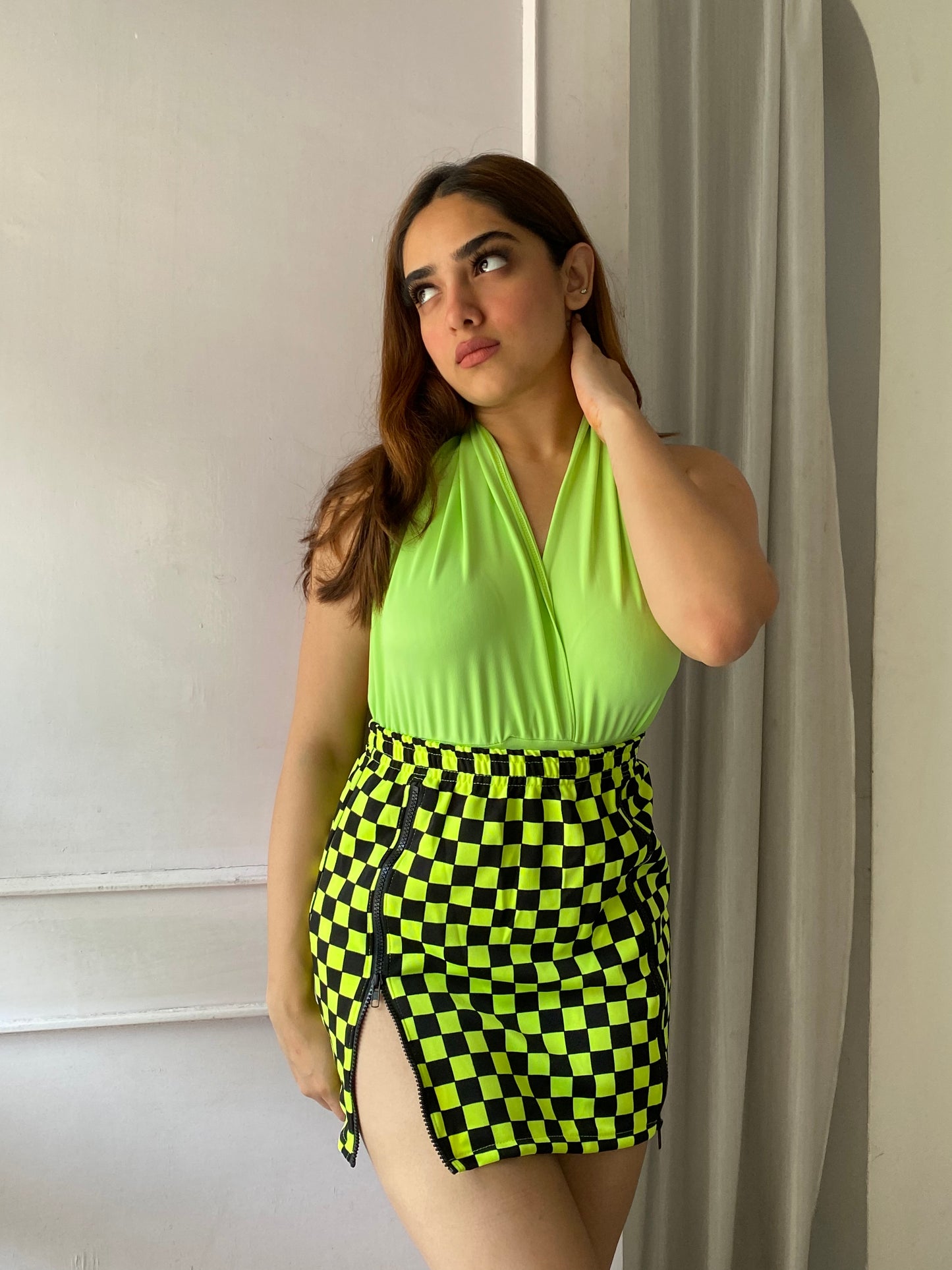Checked Casual Zipper Mini Skirt