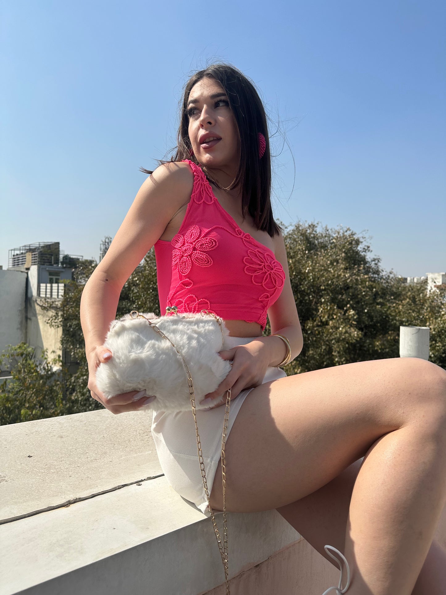 Net Embroidered Pink Crop Top