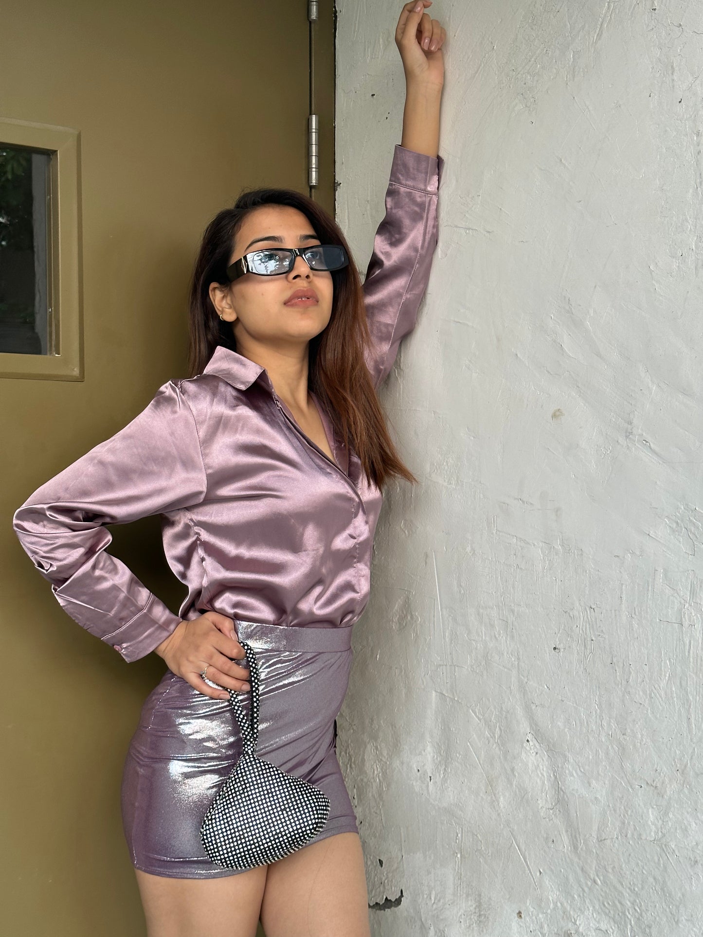 Bling Satin Shirt With Metallic Body Fit Mini Skirt