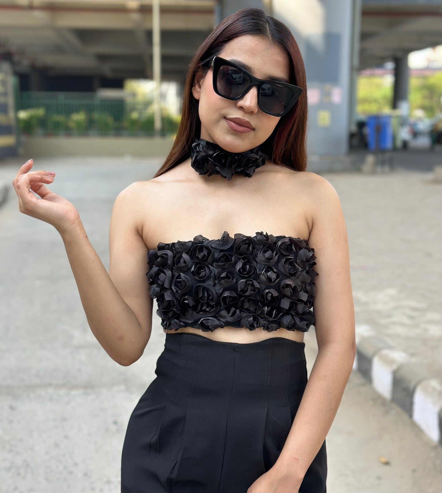 Black Rose Tube Bustier With Scarf