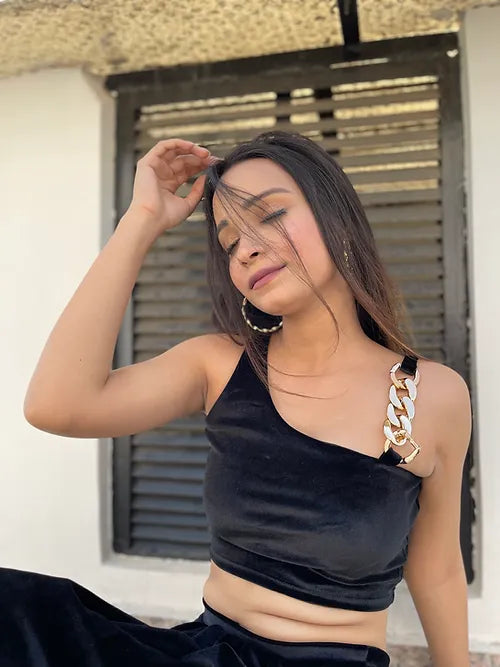 Black Velvet Padded Chain Crop Top