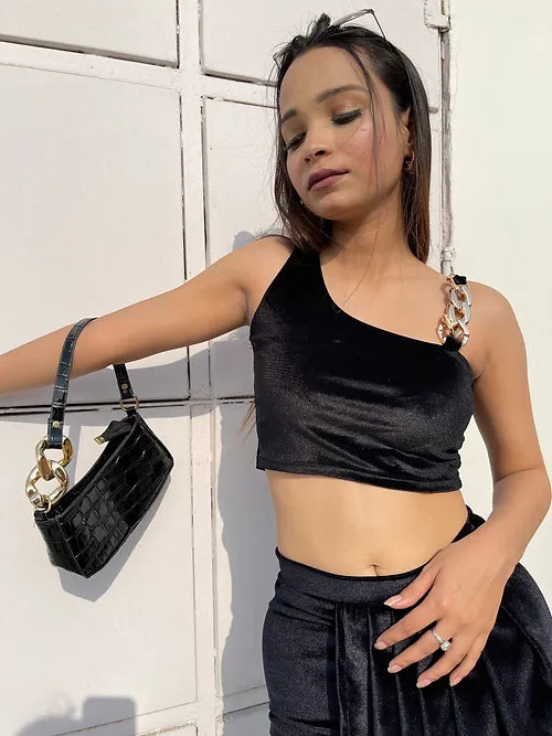 Black Velvet Padded Chain Crop Top