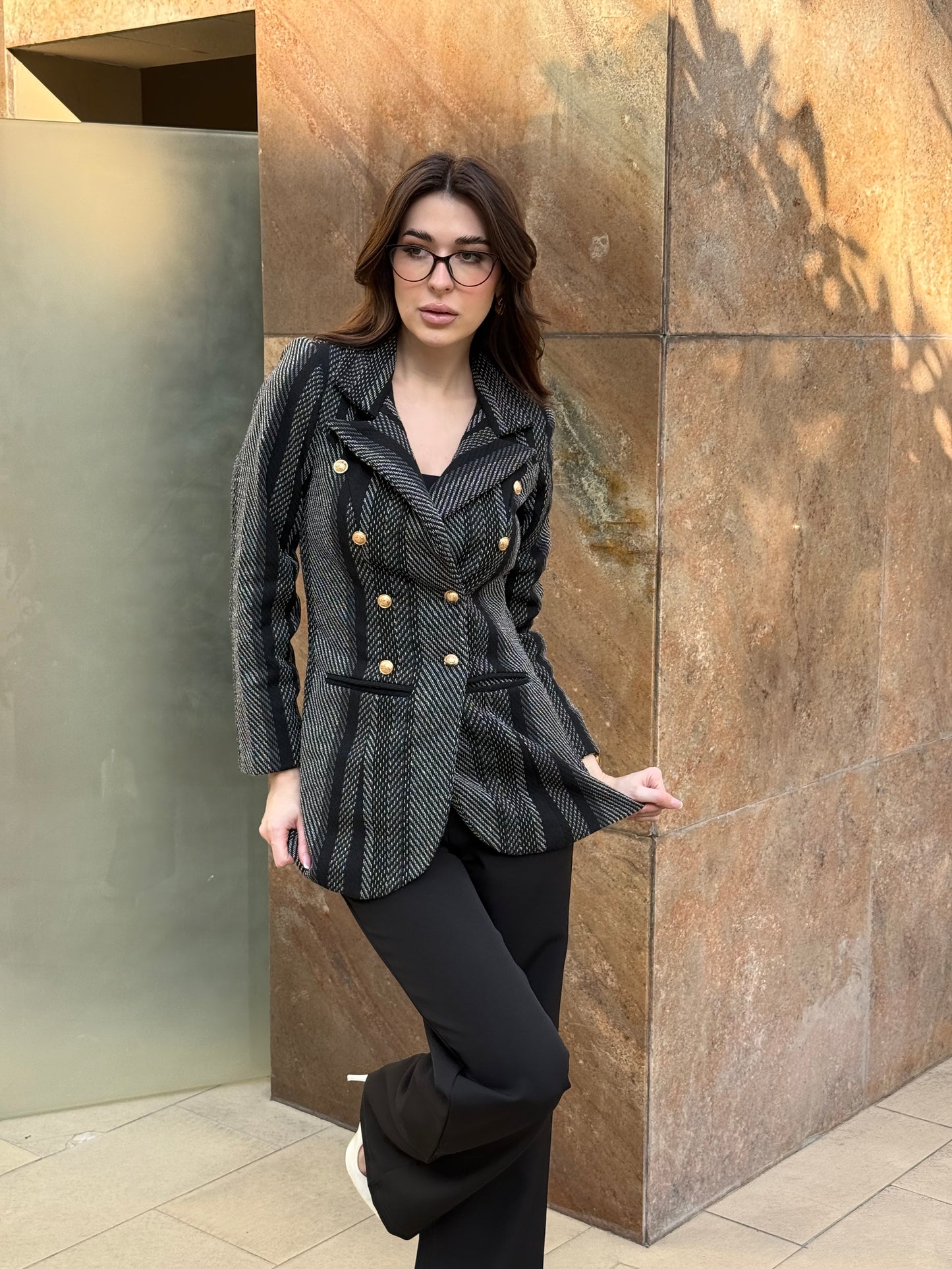 Tweed Long Sleeve Double Breasted Blazer