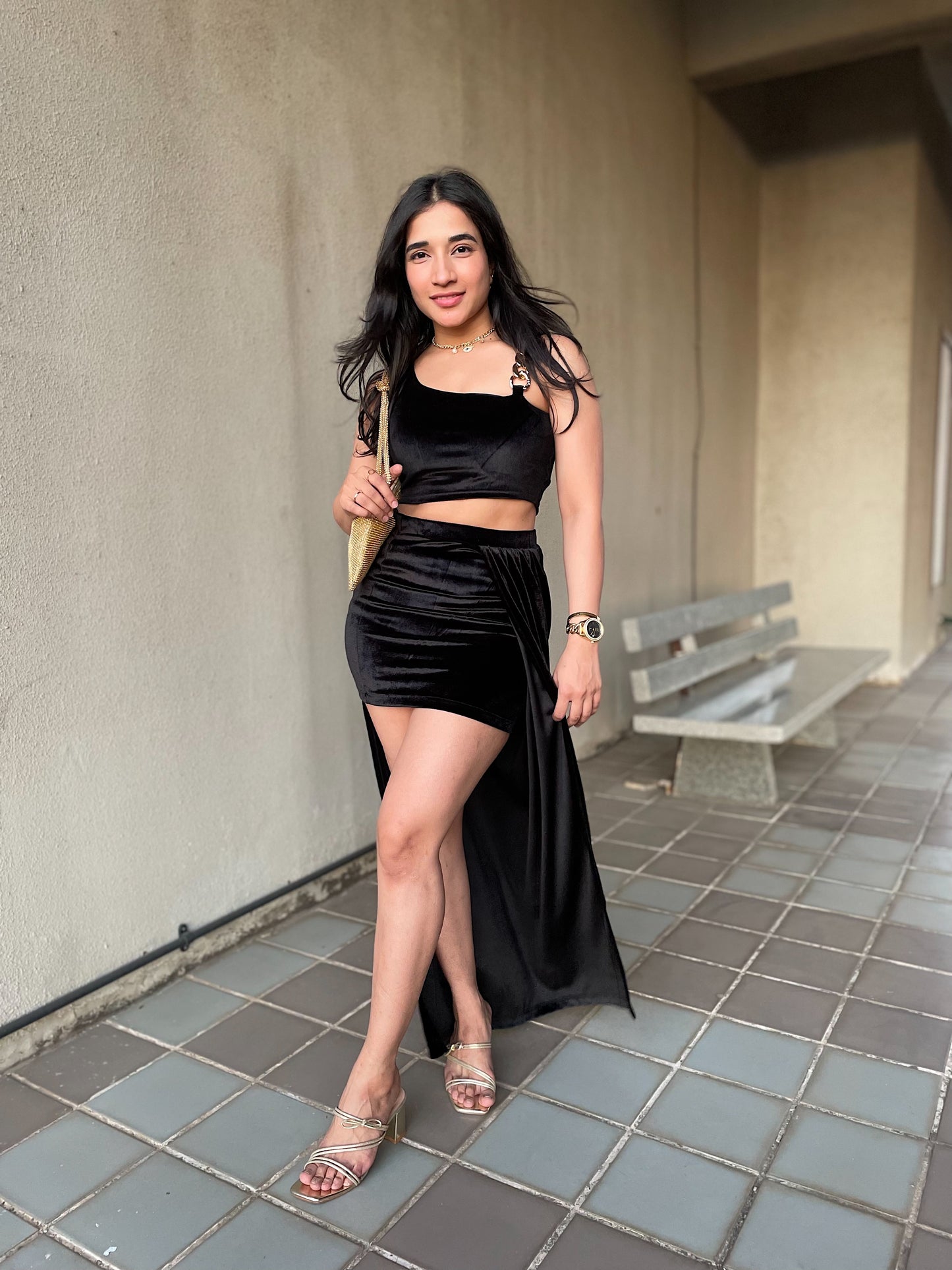 Combo Deal: Velvet Padded Top With Drape Skirt