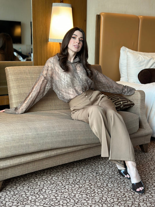 Lace See Through Shirt With Beige Pants