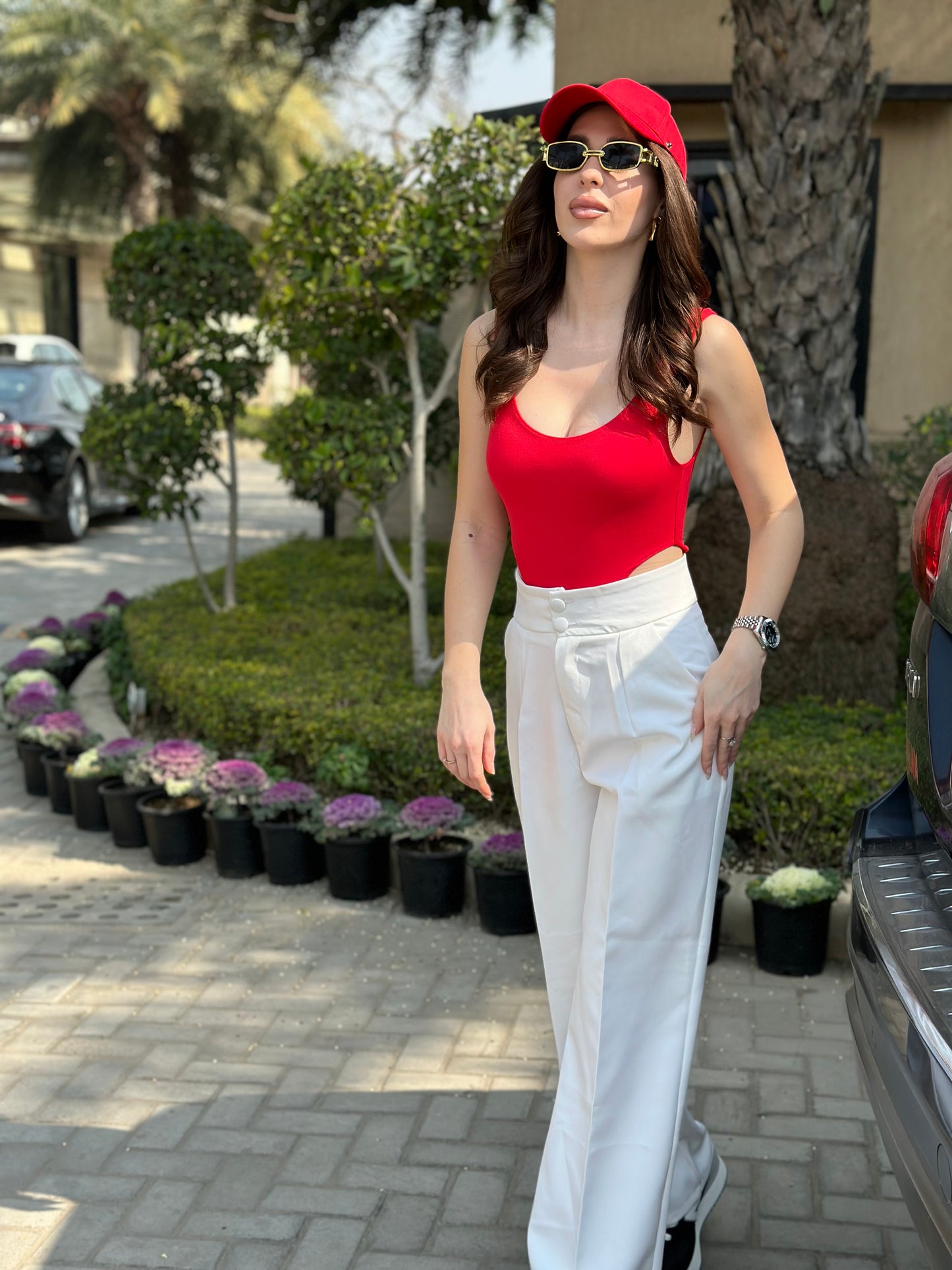 Red Bodysuit With White Pants