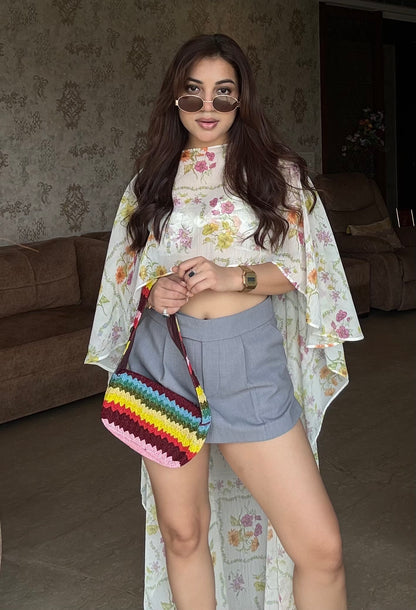 Floral Asymmetrical Cape Top With Bralette