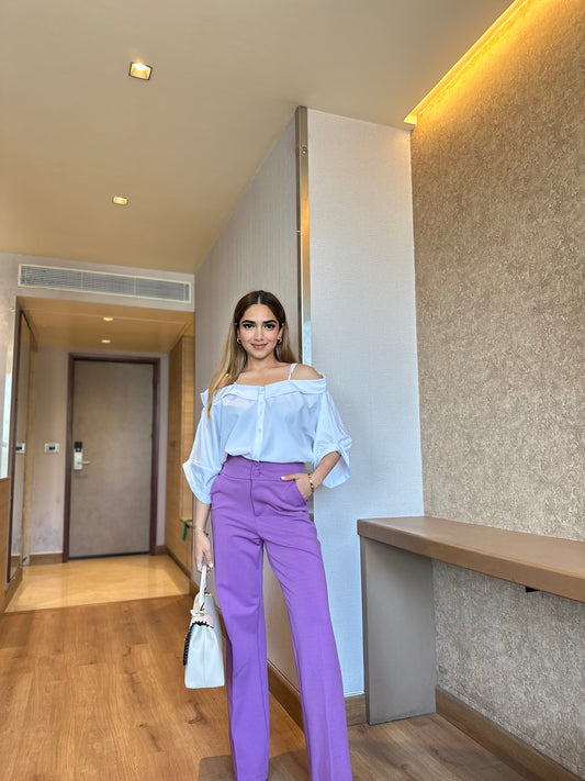 Set Of Off-Shoulder Shirt With Lilac Pants