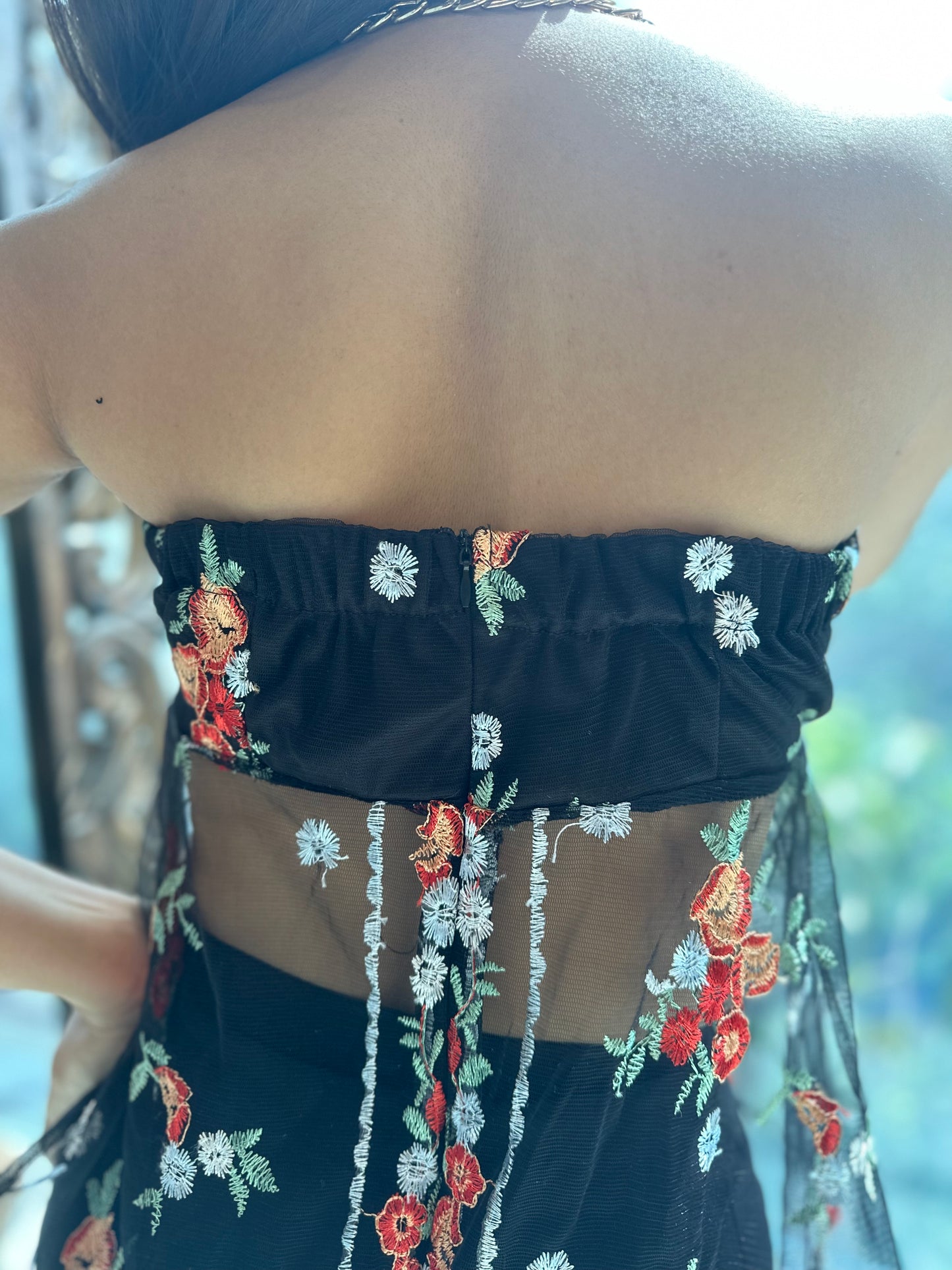 Mesh Floral Embroidered Padded Top