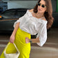 White Off-shoulder Shirt With Neon Yellow Pants