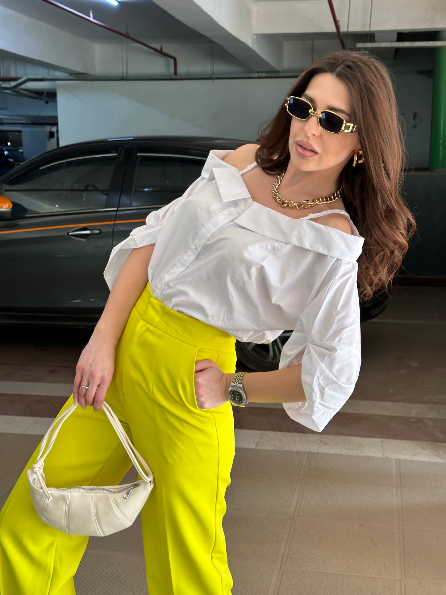 White Off-shoulder Shirt With Neon Yellow Pants