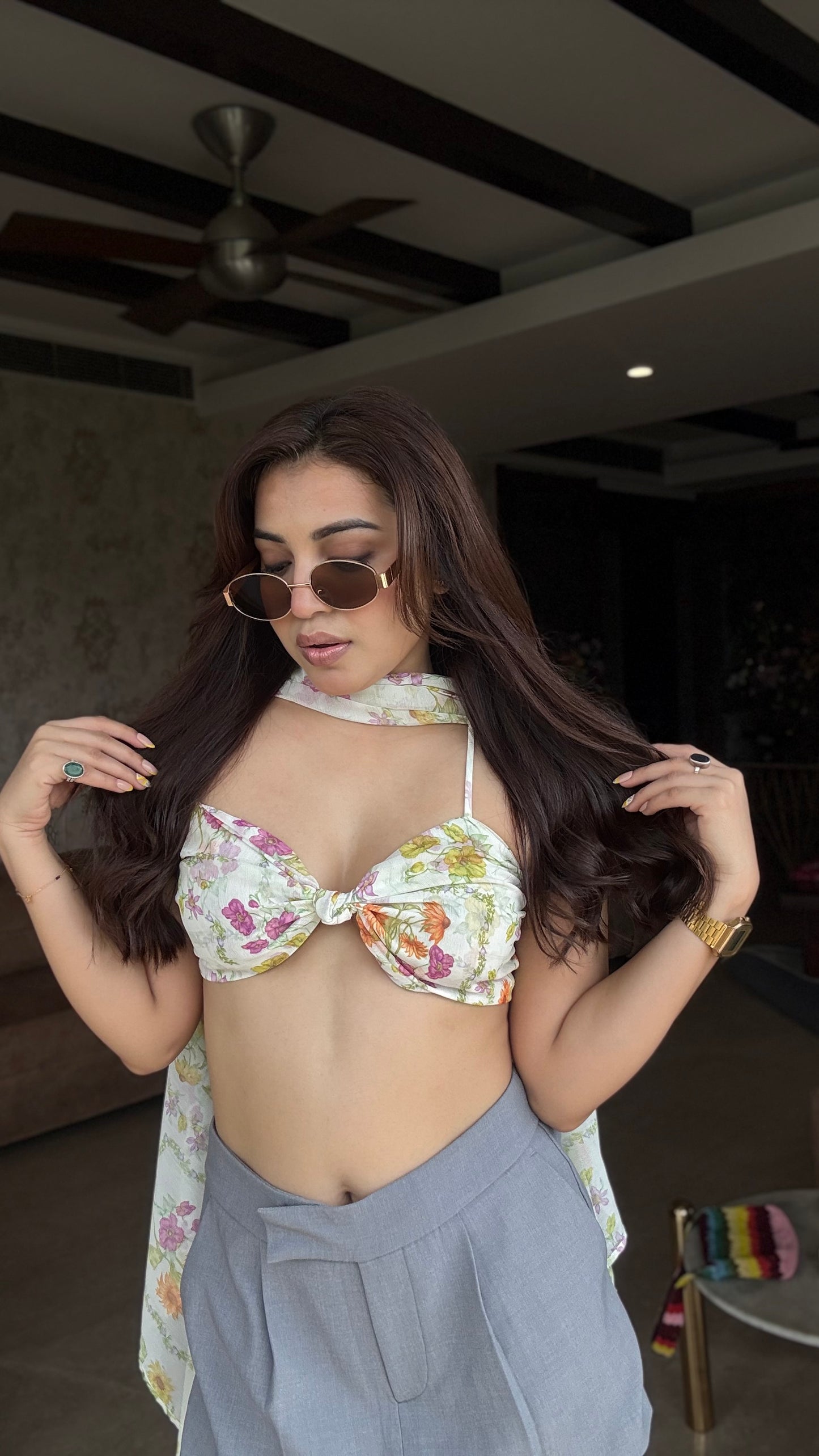 Floral Asymmetrical Cape Top With Bralette