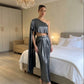 Metallic Pleated Skirt With Flared One Side Top