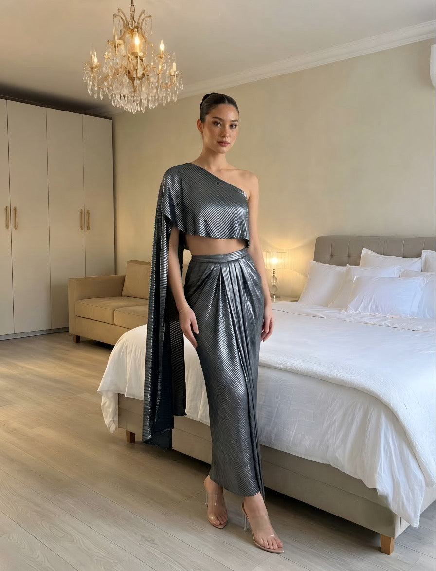 Metallic Pleated Skirt With Flared One Side Top