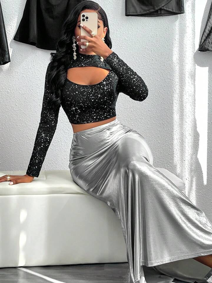Mermaid Look Metallic Silver Long Skirt