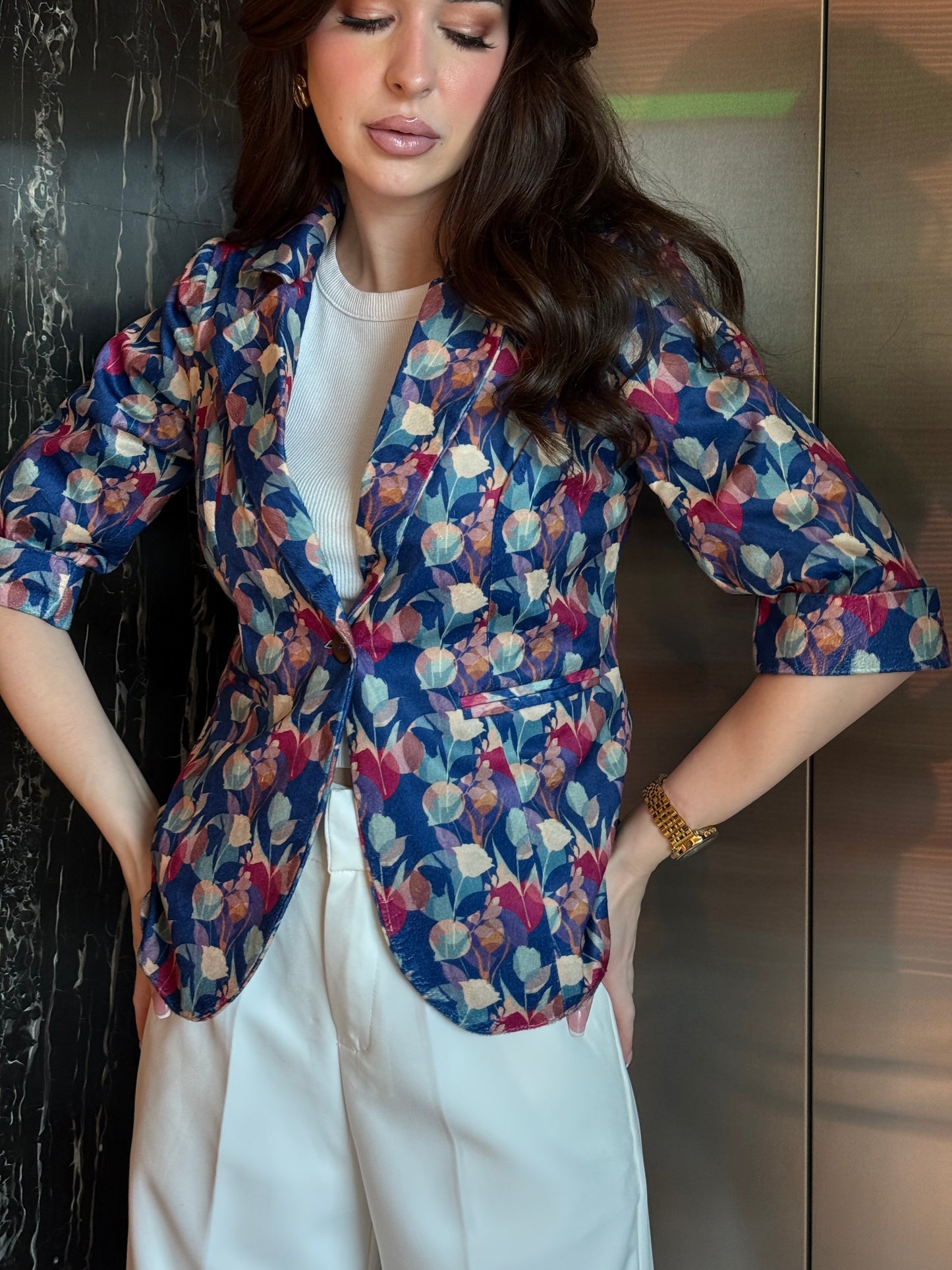 Multi-Color Velvet 3/4th Sleeve Blazer