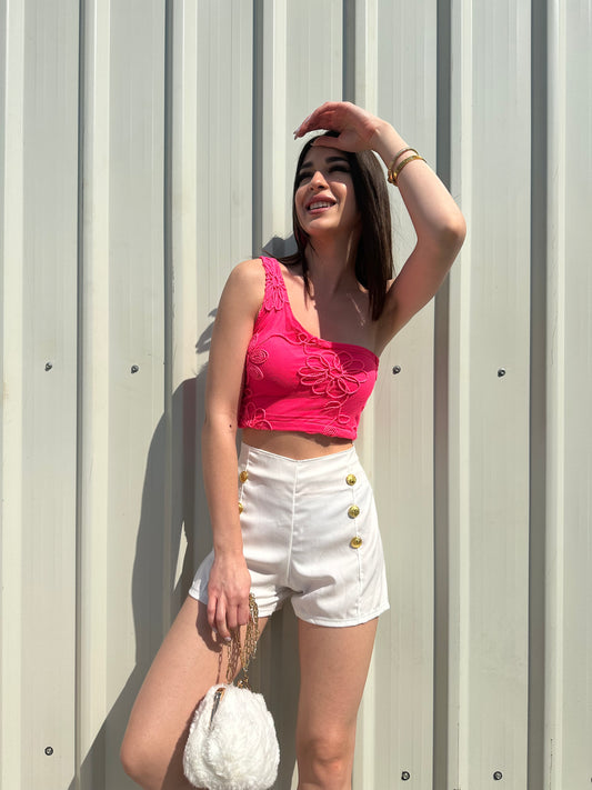 Combo Deal: Pink One Side Off Top With Button Detail Shorts