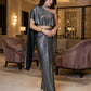 Metallic Pleated Skirt With Flared One Side Top