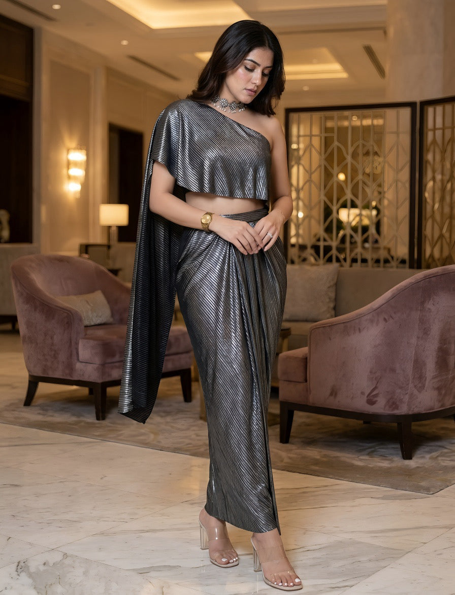 Metallic Pleated Skirt With Flared One Side Top