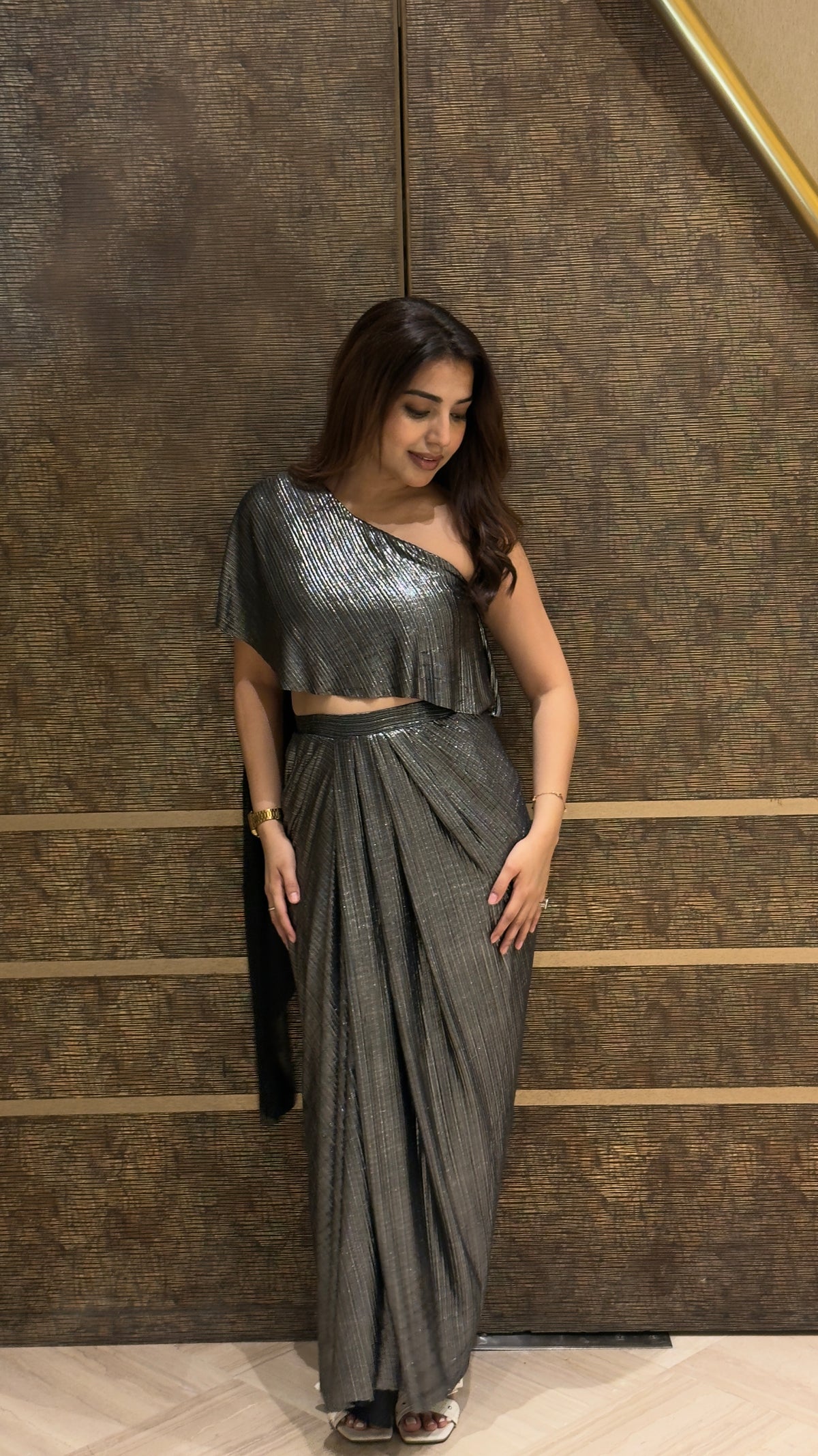 Metallic Pleated Skirt With Flared One Side Top