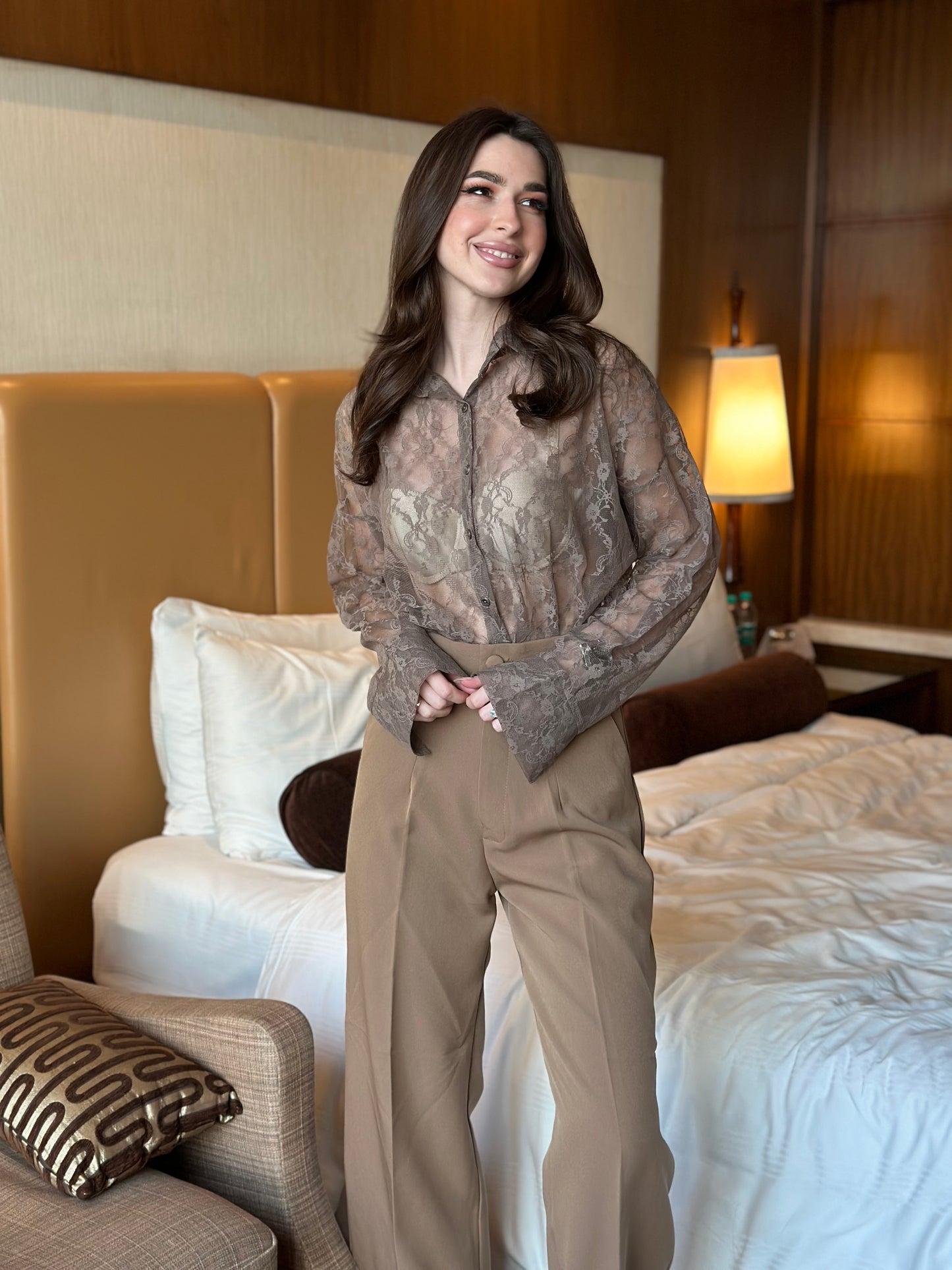 Lace See Through Shirt With Beige Pants