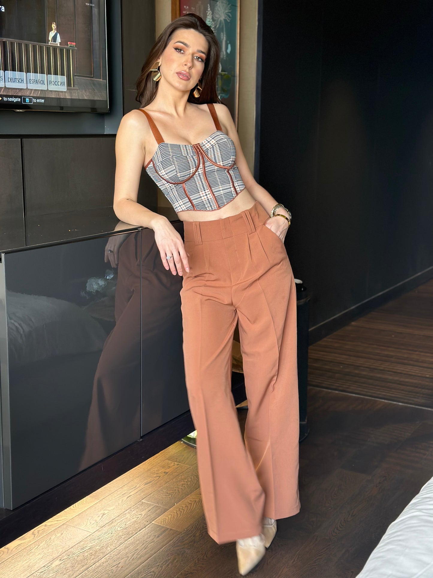 Plaid Padded Bralette With Rust Pants
