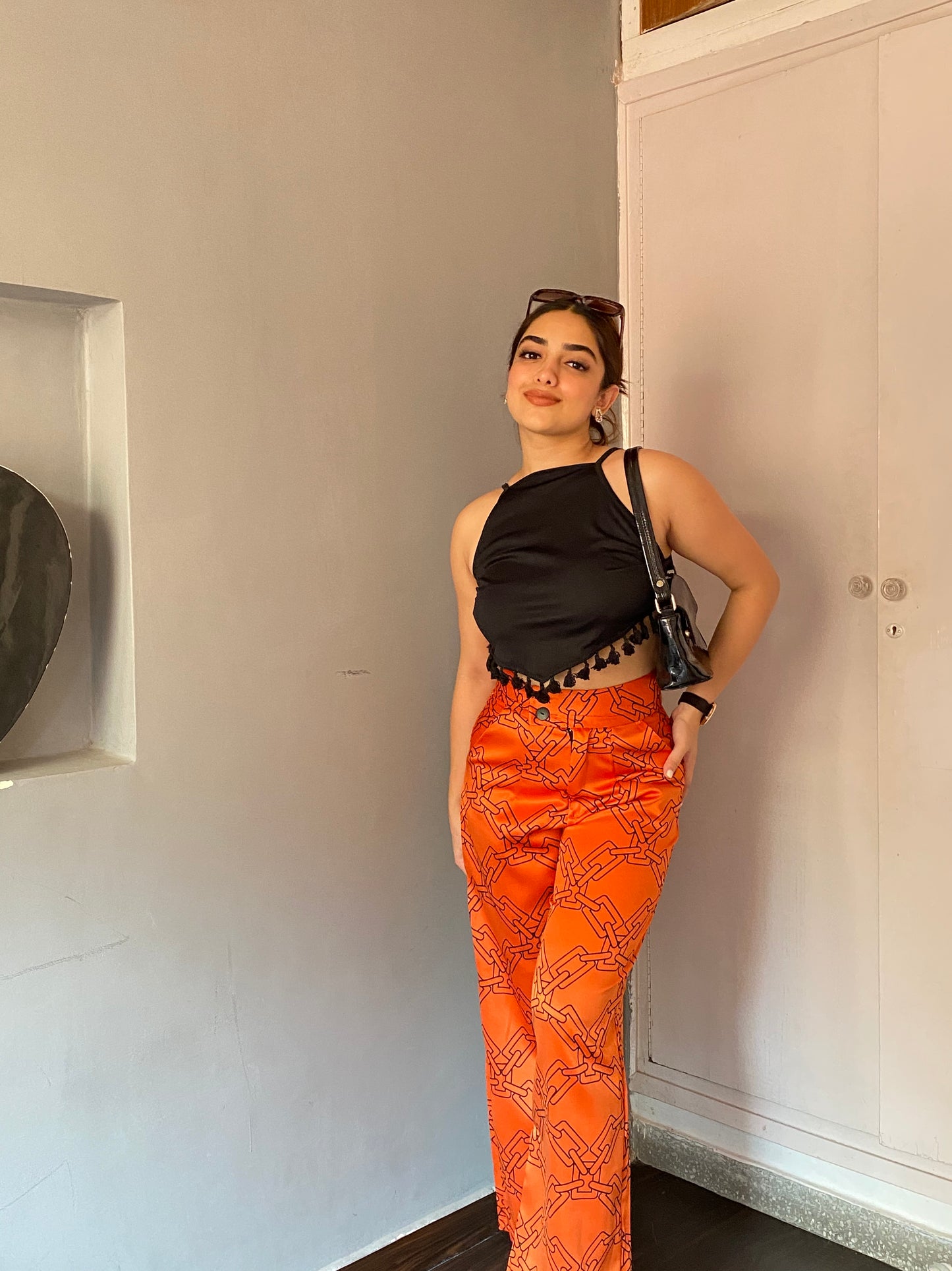 High Waist Chain Printed Wide Leg Satin Pants