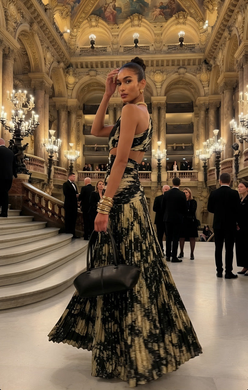 Gold Foil Pleated Festive Dress