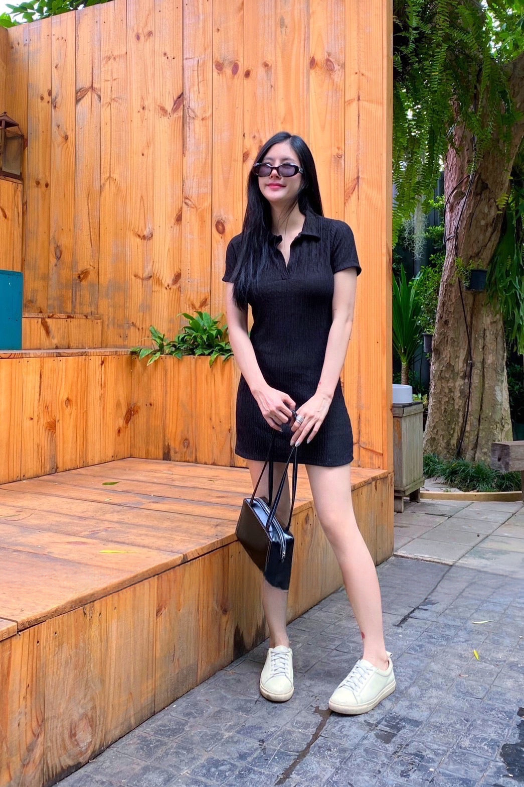 short dress with collar Bardot Zephyra short sleeve high neck fit and flare full skirt mini dress in black