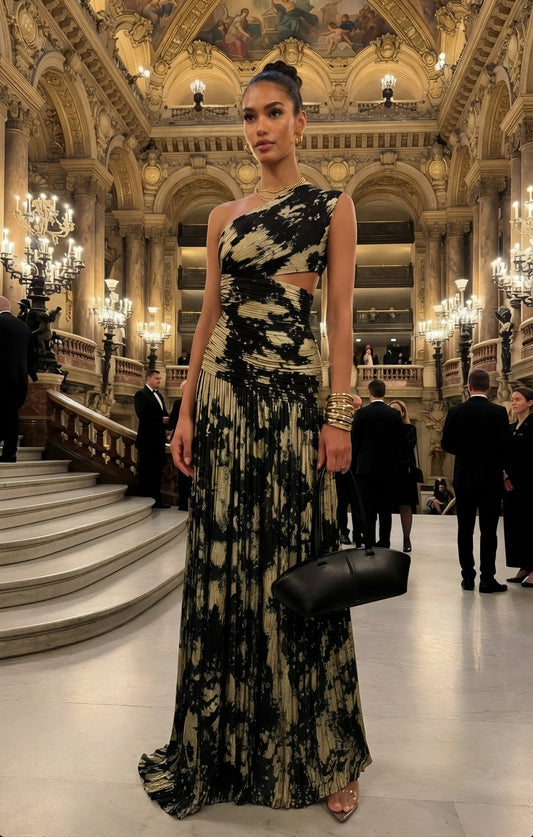 Gold Foil Pleated Festive Dress