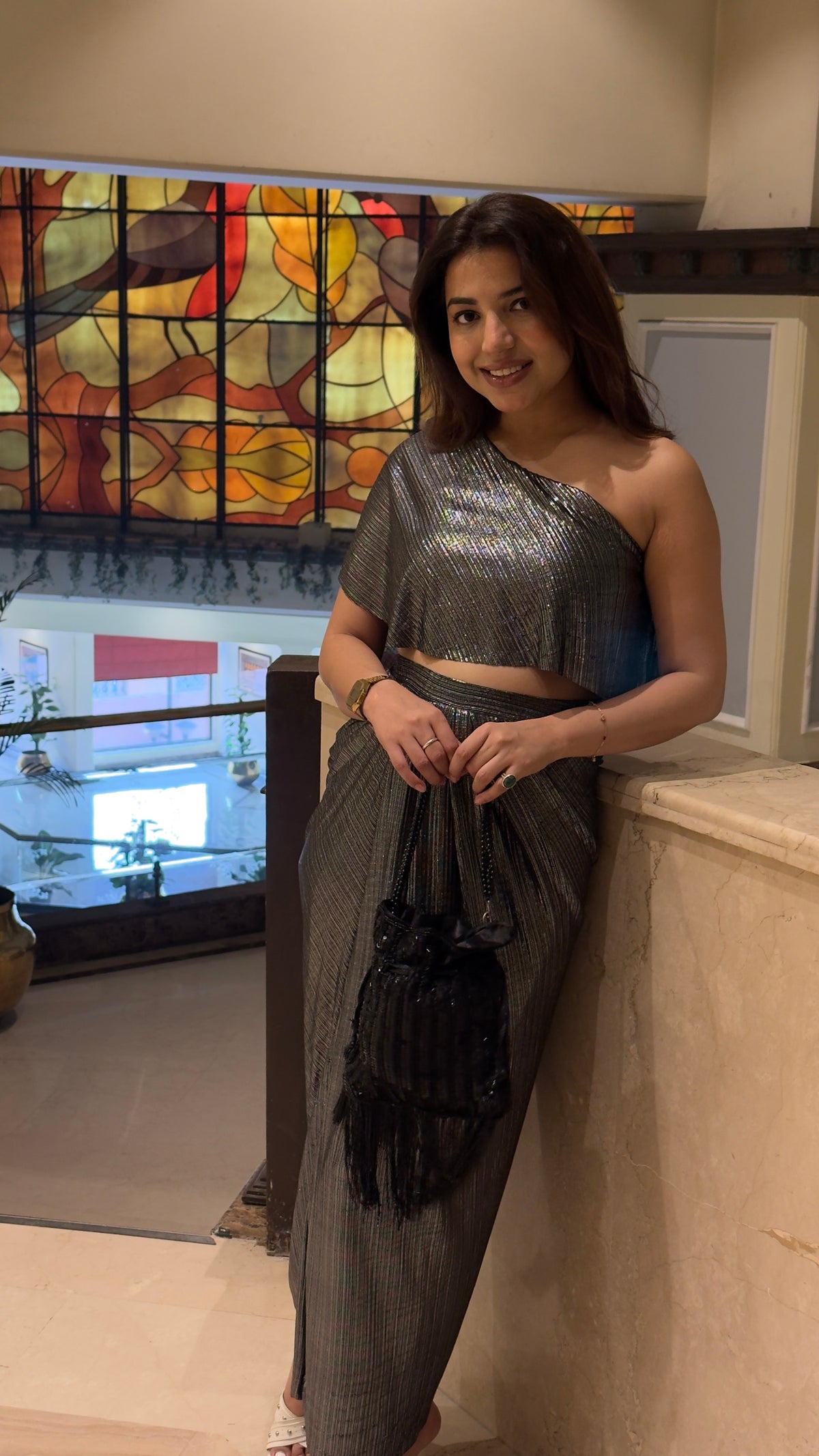 Metallic Pleated Skirt With Flared One Side Top