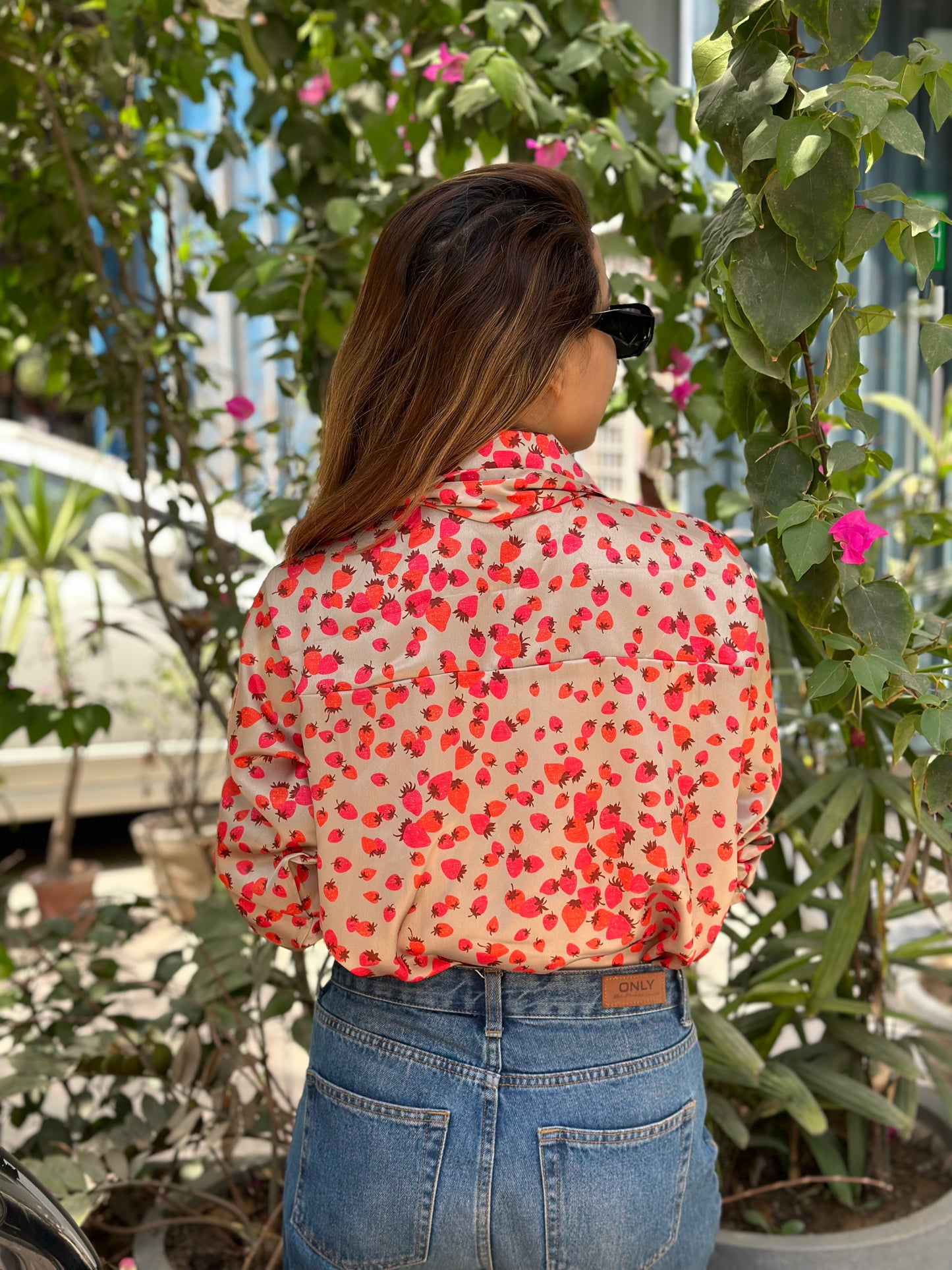 Strawberry Satin Shirt With Scarf