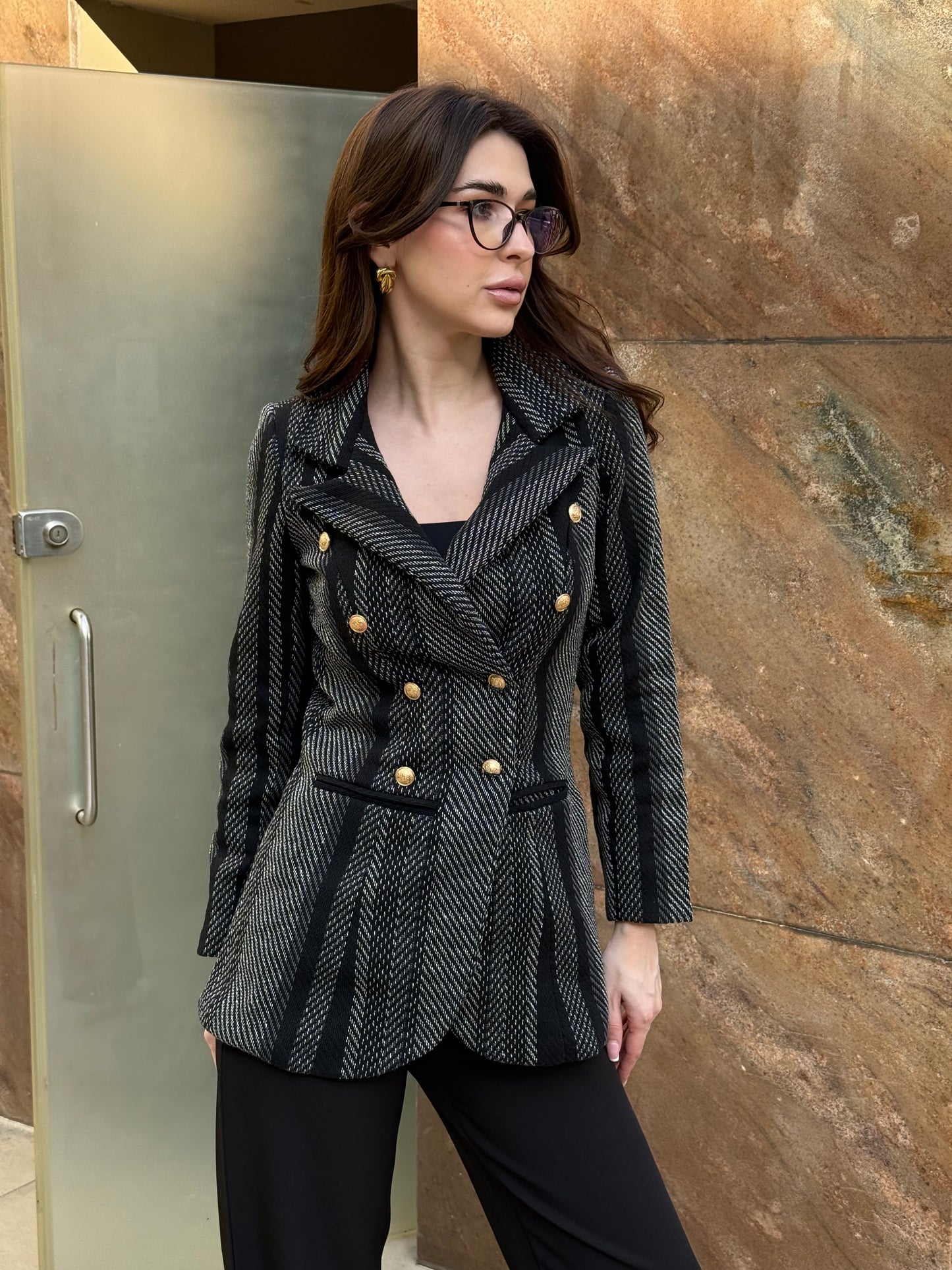 Tweed Long Sleeve Double Breasted Blazer